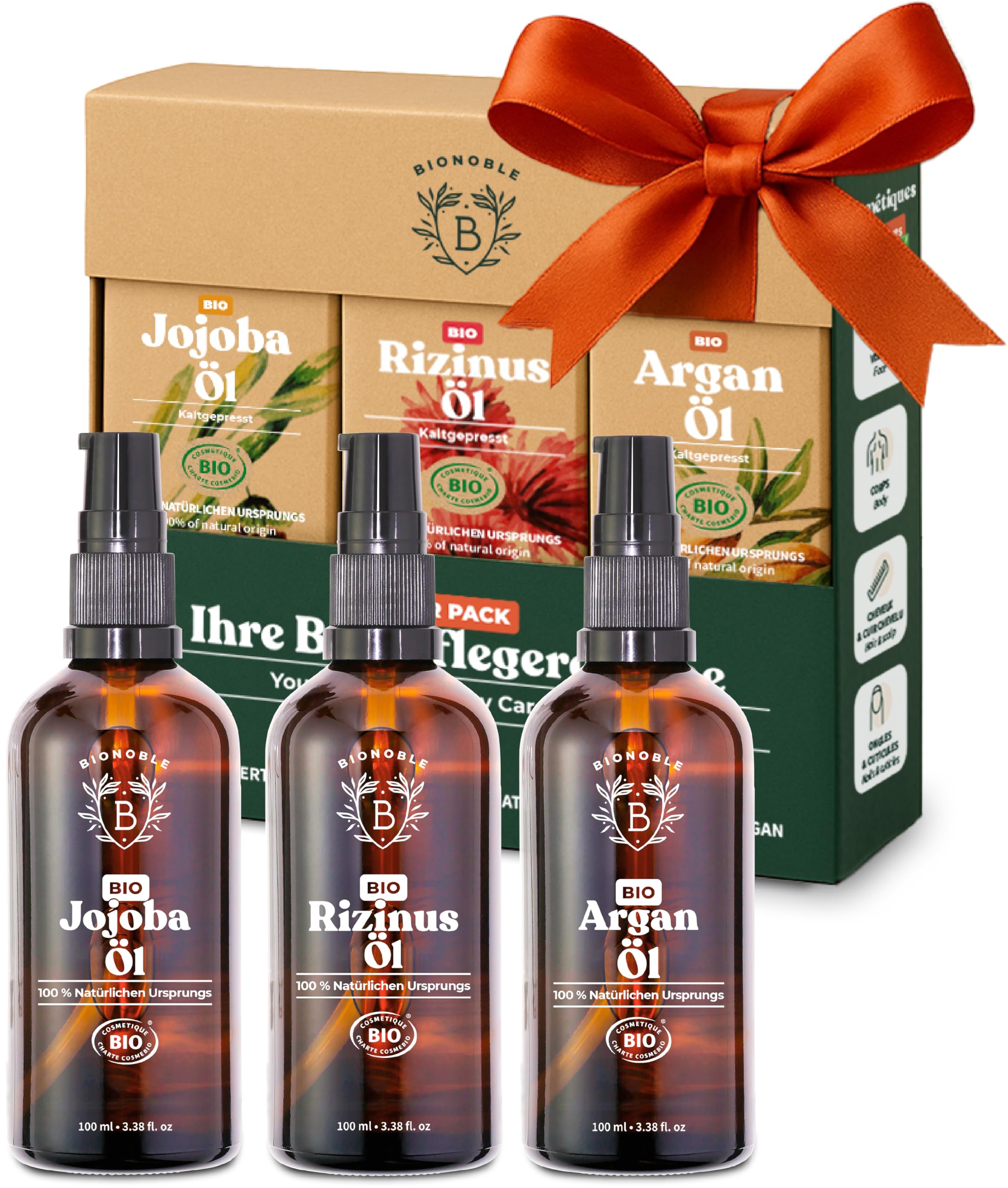 BIONOBLE Wellness Set für Frauen - Bio Rizinusöl Arganöl Jojobaöl - 3x100ml | 100% Natürlichen Ursprungs, Vegan Geschenkset Kosmetik - Haare, Gesicht - Beauty Paket für Frauen - Glasflaschen, Pipetten