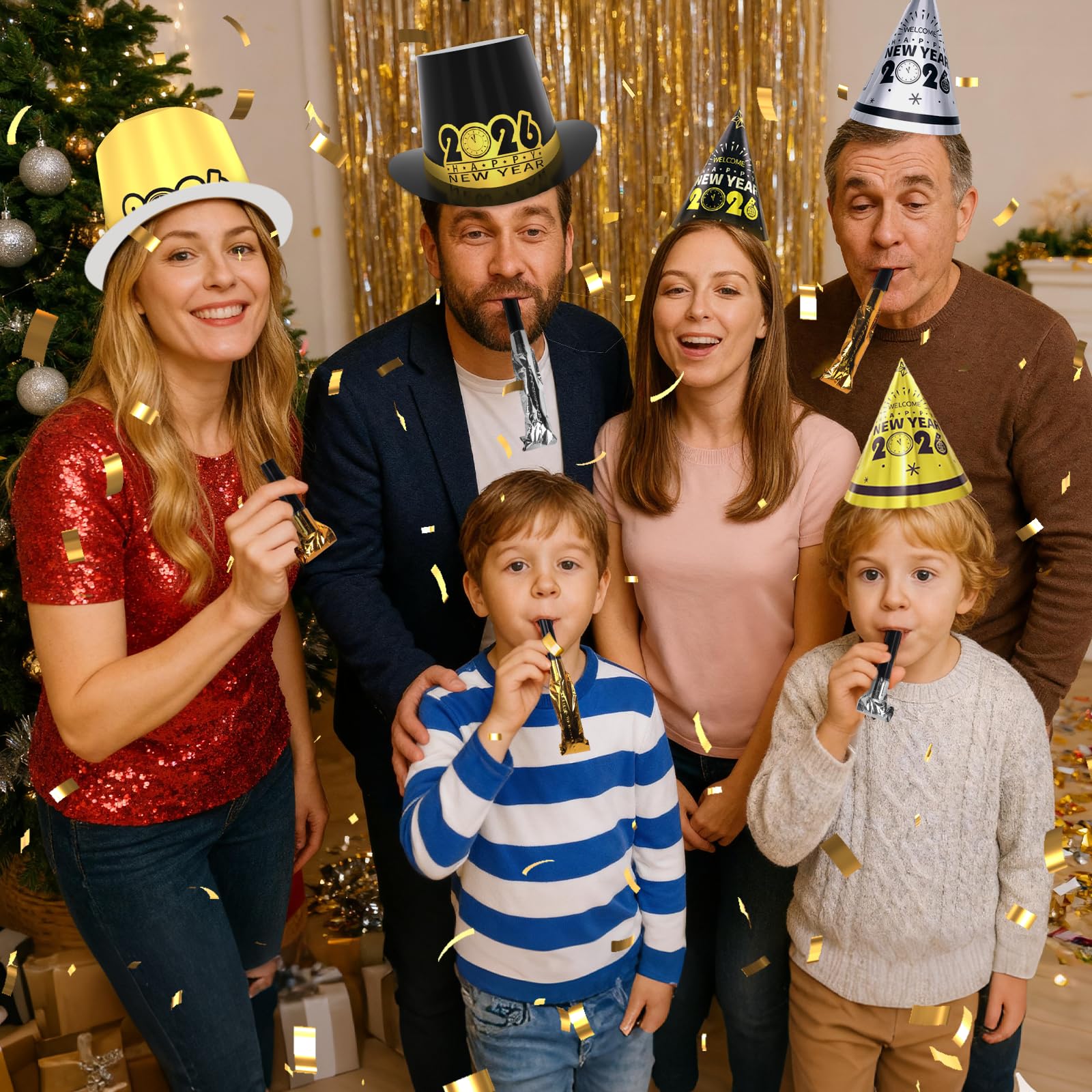 Decorazioni per feste di Capodanno 2025 - Set da 24 ospiti con cappelli, occhiali