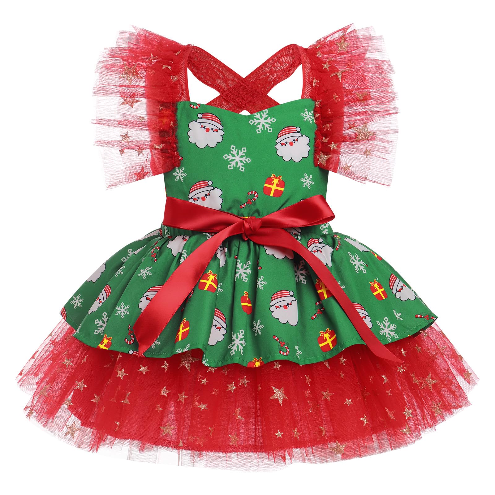 My First Christmas Baby Girl Outfit Baby Girls Tutu Romper Dress with Headband 2pcs Baby Girl First Birthday Outfit Infant One Piece Santa Baby Onesie Ruffle Sleeve Dress Xmas Green Red 3-6 Months
