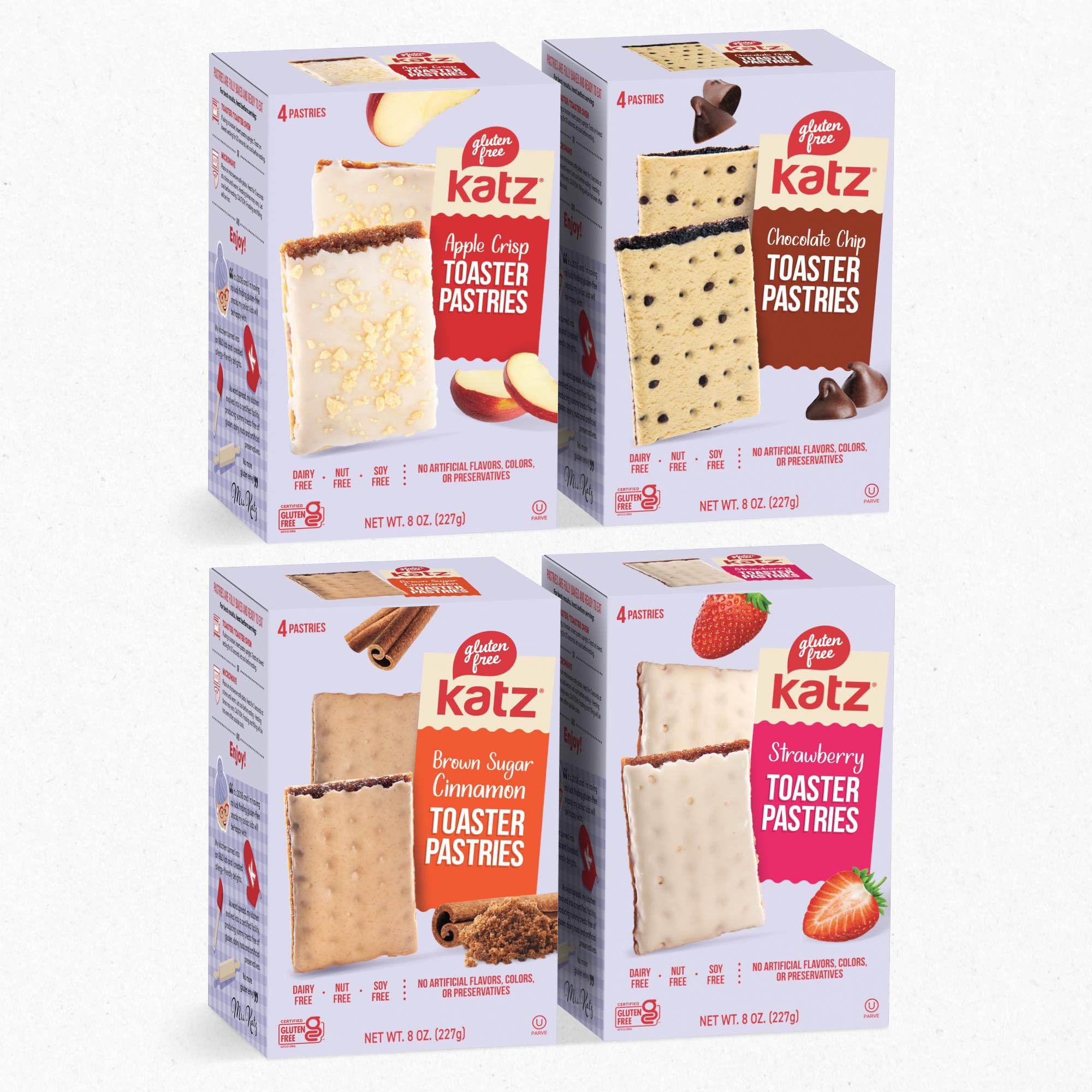 Snacks Toaster Pastries 4 Flavor Fruit Variety Pack Apple Crisp, Cinnamon, Chocolate Chip & Strawberry. Free of Dairy, Soy, Tree nuts, and peanuts. Kosher 8oz (4pk)