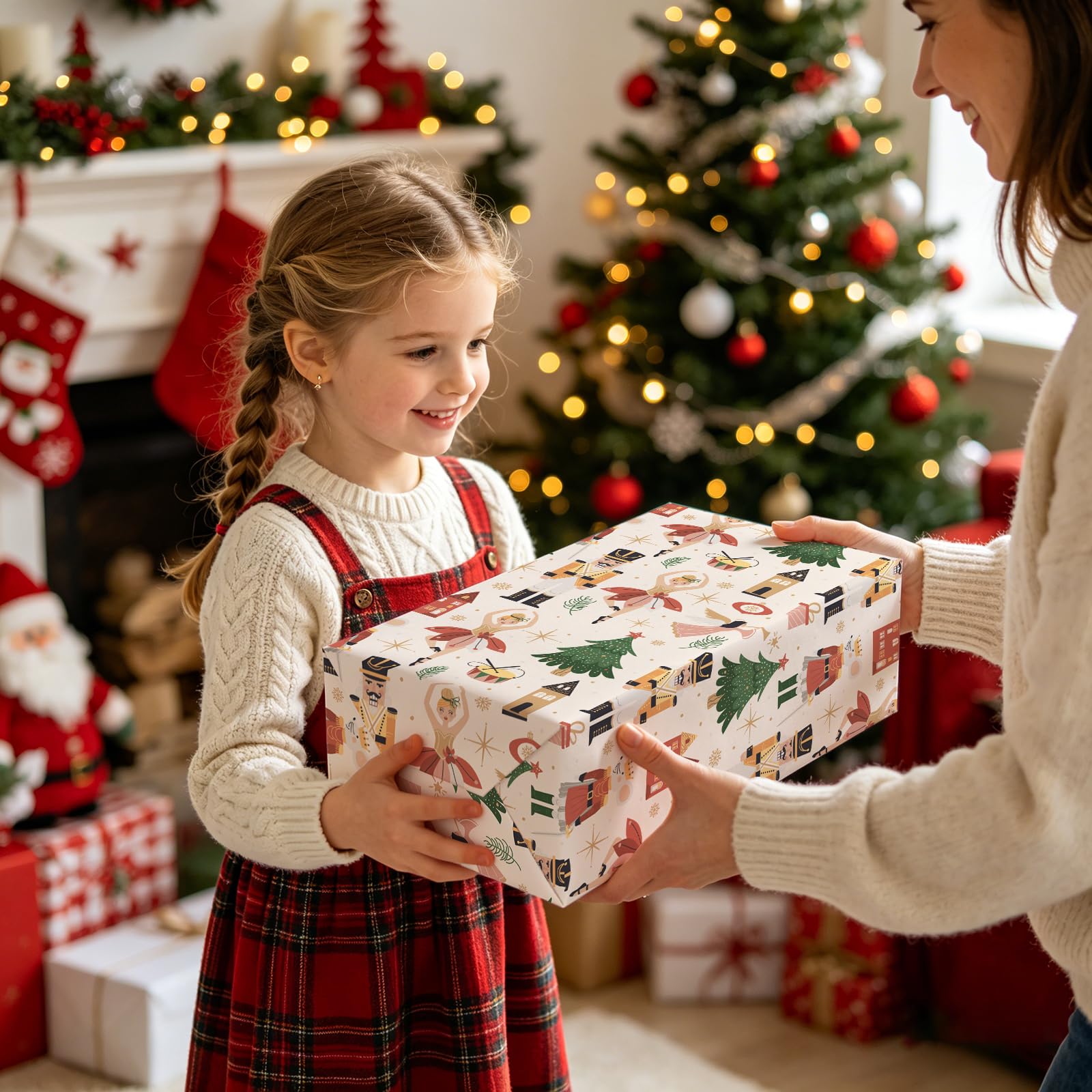 WRAPAHOLIC Papier cadeau de Noël kraft – Mini rouleau – 43,2 cm x 10 m – Motif Casse-noisette blanc pour Noël, vacances, fête