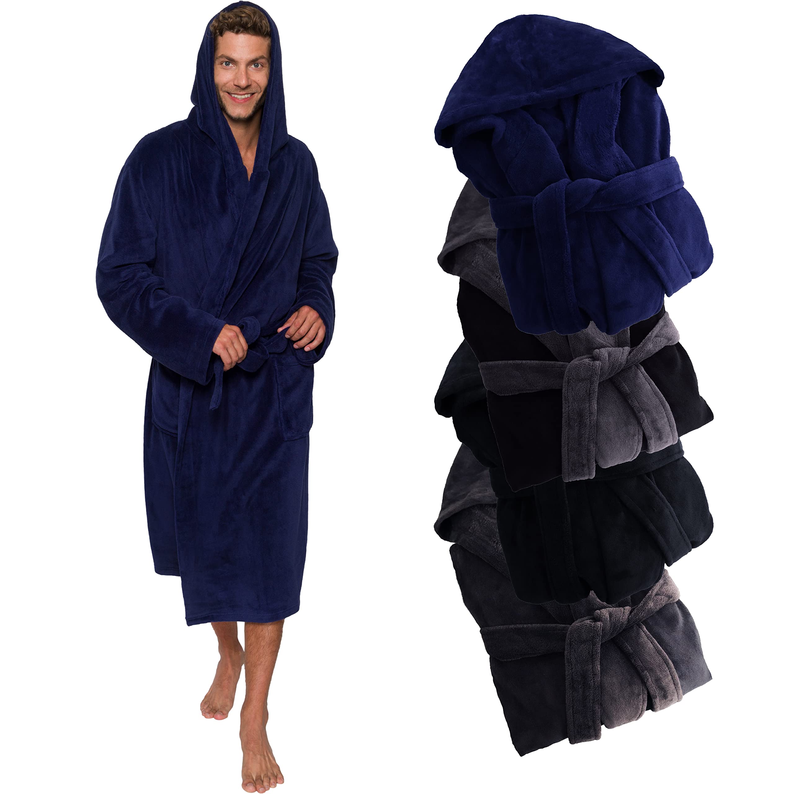Mens Robe Hooded Wrap Style - Mid Length Plush Fleece Bathrobe