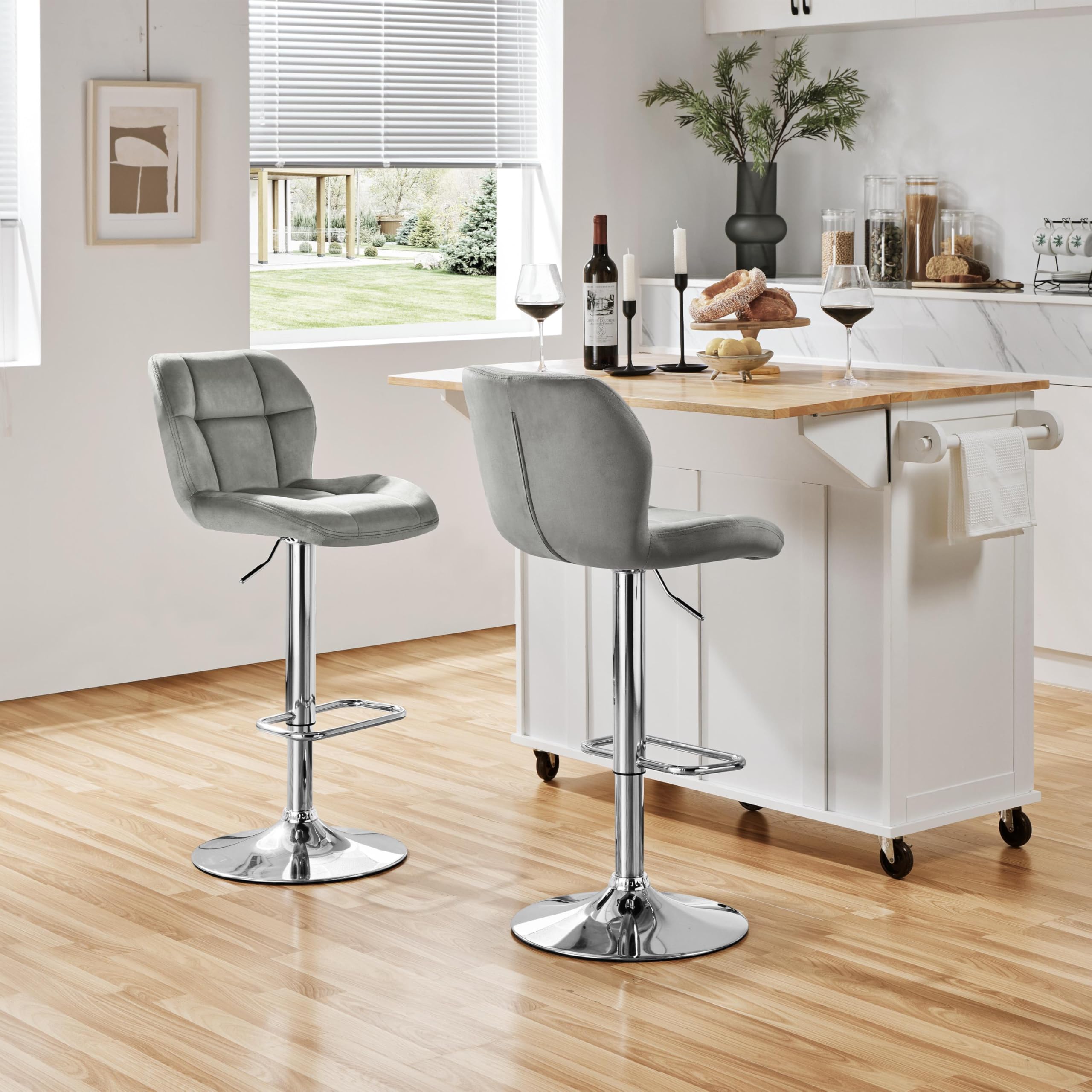 Yaheetech Barstools Set of 2, Velvet Adjustable Counter Stools, Modern Breakfast Bar Stools, Swivel Barstools with Backrest for Home Kitchen, Bar, Restaurant, Light Grey — image 1