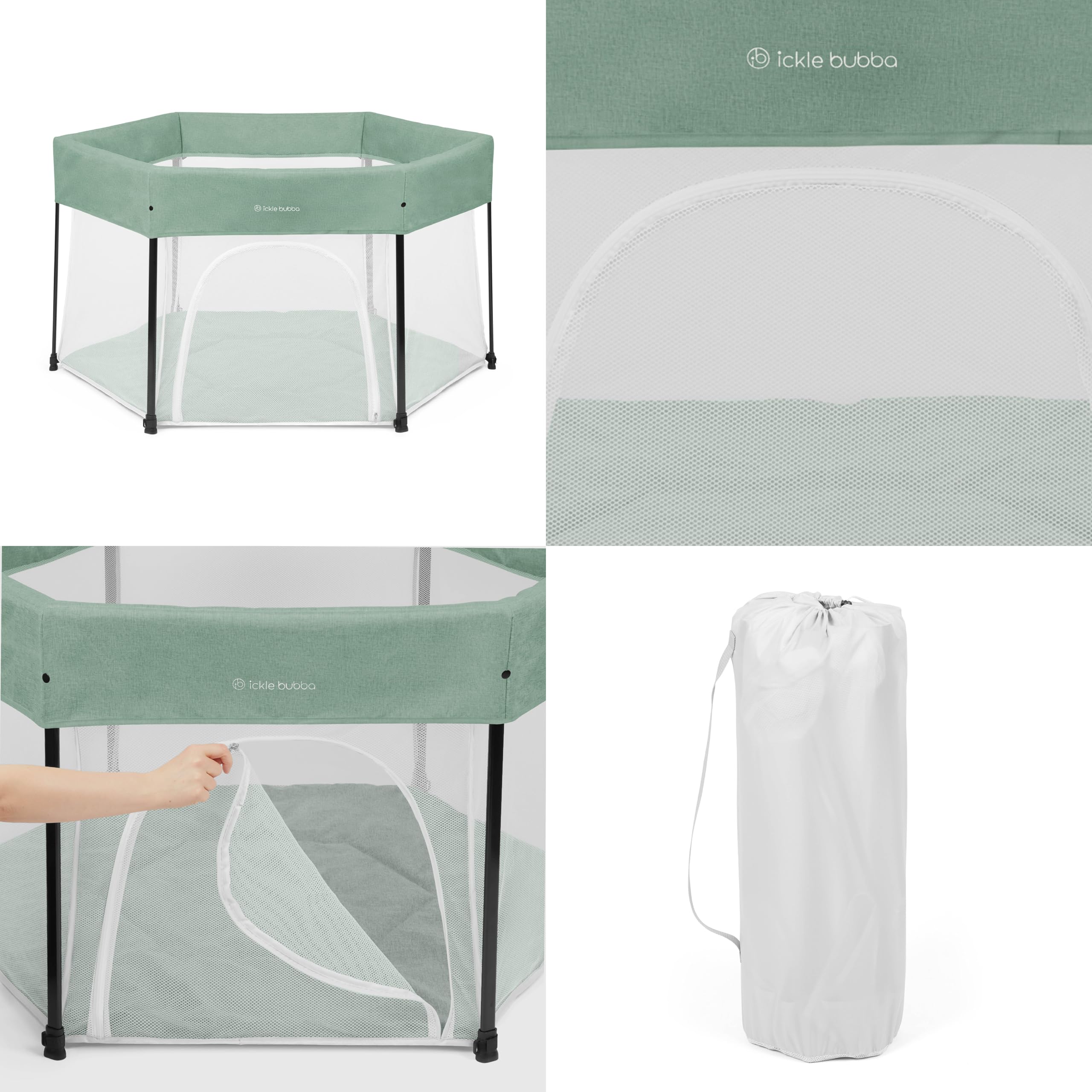 Parc pour bébé Ickle Bubba Fiesta – Installation en 30 secondes, côtés respirants, tapis de jeu rembourré et compact pour le rangement, sac de transport inclus (Vert sauge)