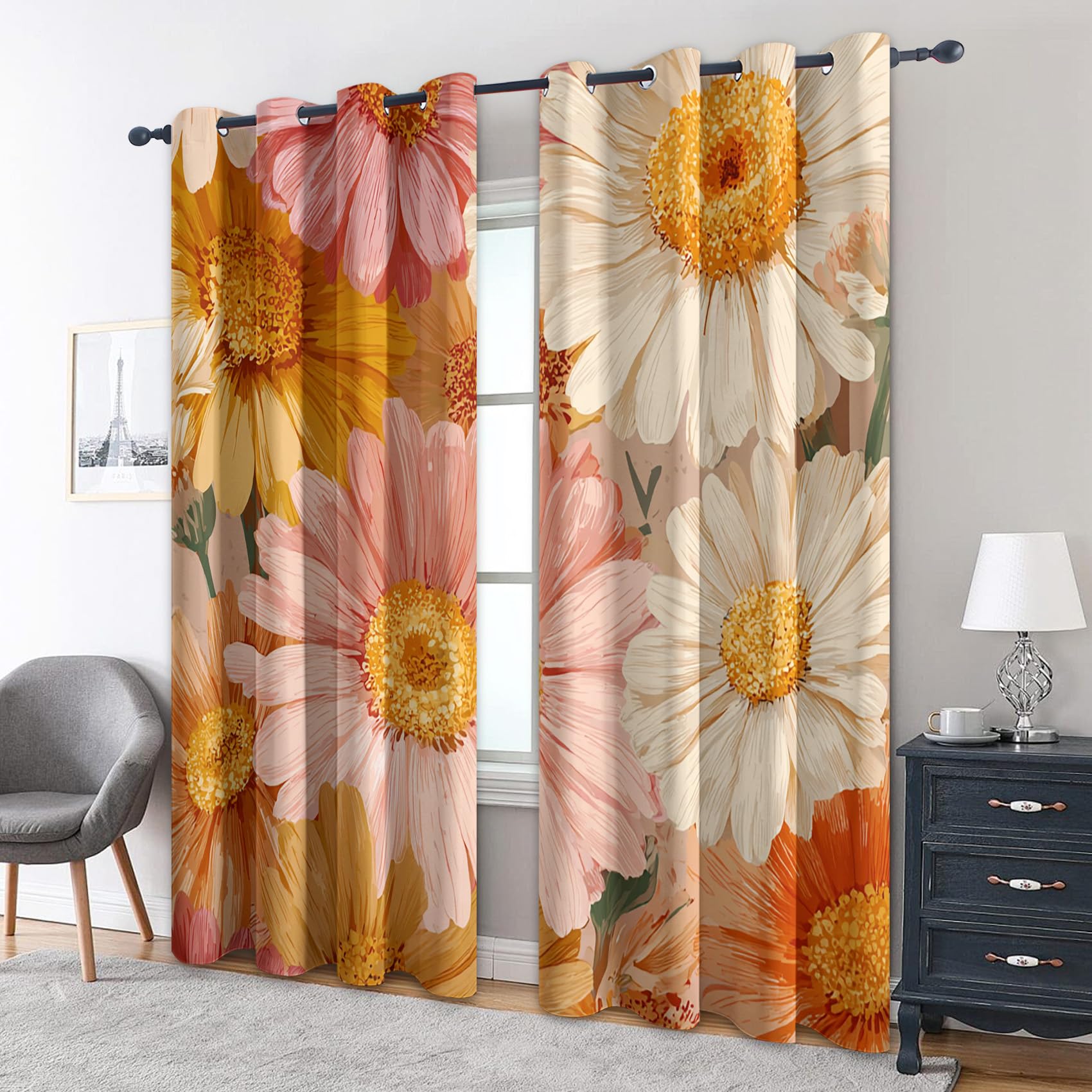 Générique Rideau Occultant Imprimé Fleurs Marguerite, Rideaux à Oeillets Thermique pour Chambre Salon, Motif Rétro Année 70, L 140 x H 220, 2 Pièces, Decoration Maison - D585