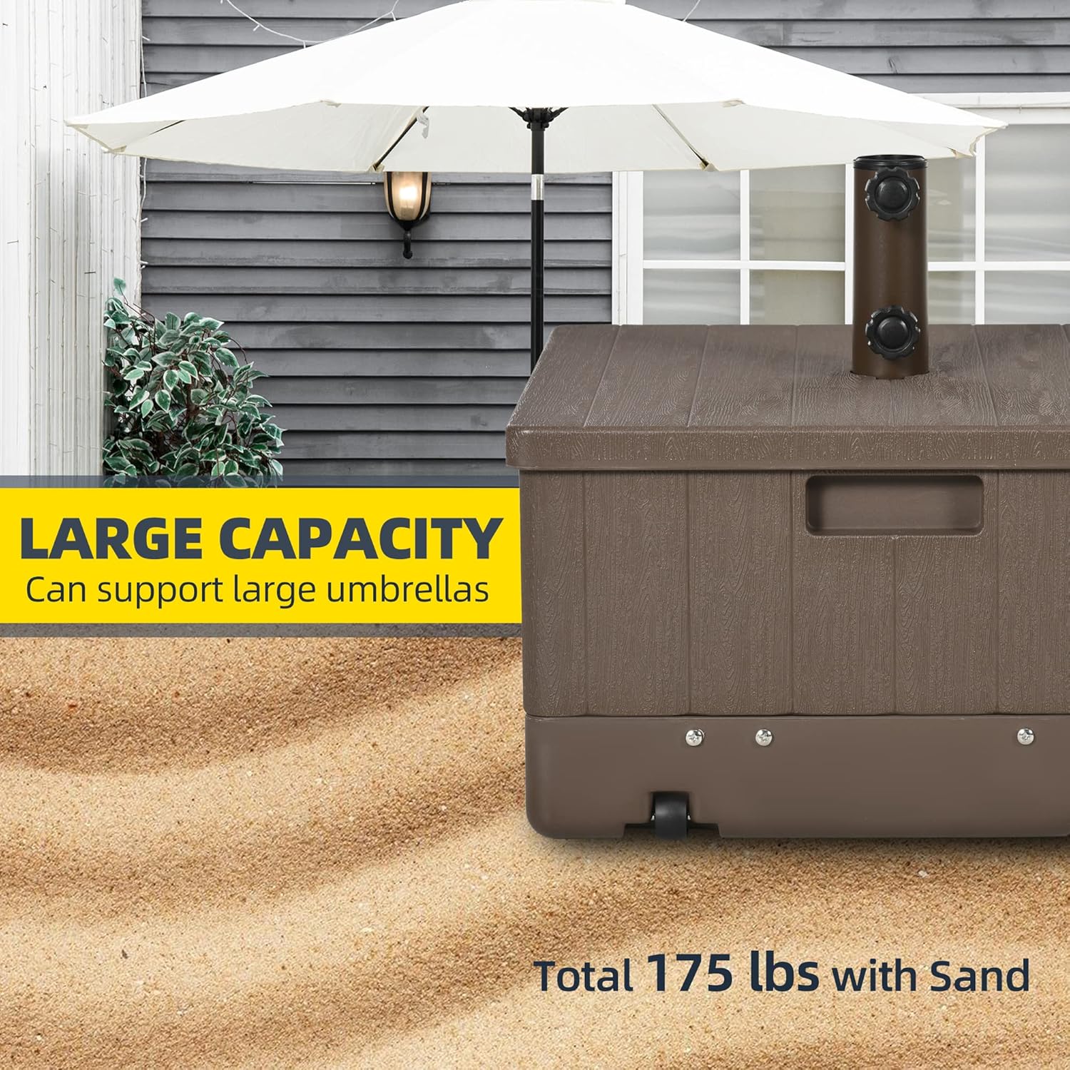 Outsunny 2-in-1 Outdoor Umbrella Base, Planter Box with Drain Hole, 175 lbs. Capacity Heavy Duty Fillable Patio Umbrella Stand Table with Wheels and Handles for Deck, Poolside, Brown