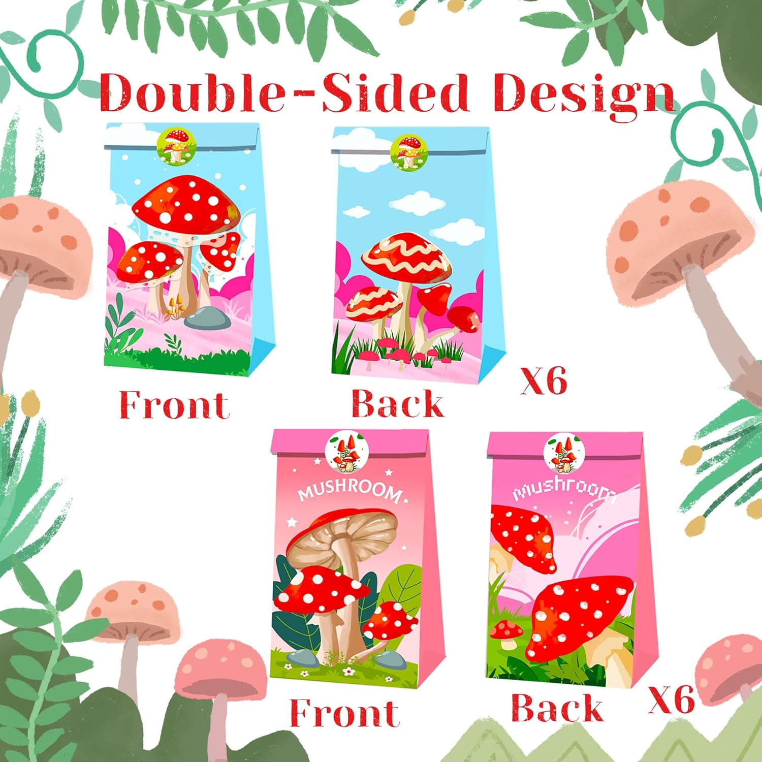JeVenis 12 PCS Mushroom Party Favors Bags Red Toadstool Party Boxes Wild Mushrooms Party Supplies Fairy House Party Favors Bags - Image 4