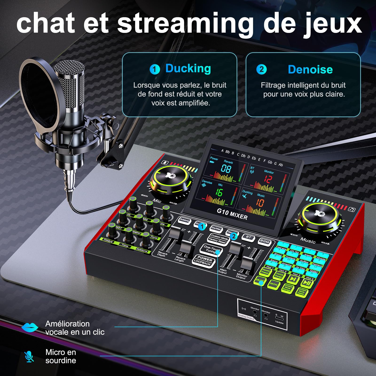 TENLAMP Kit Podcast avec Microphone Condensateur 3,5 mm et Table de Mixage Audio, Équipement Streaming avec Changeur de Voix, Réduction du Bruit pour Streaming, Gaming, Chant et Création de Contenu