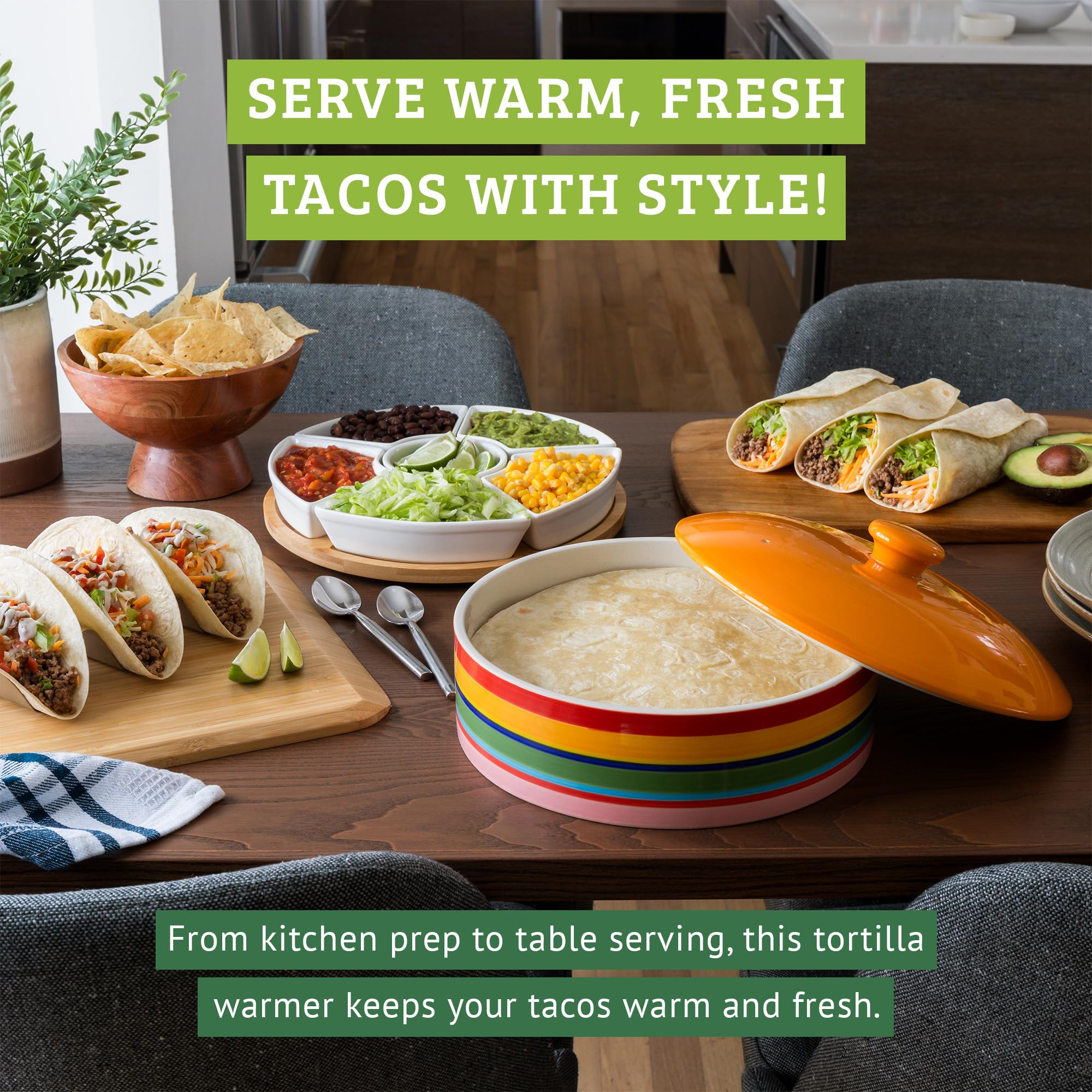 Tortilla Warmer – Wärmebehälter – Tortilla Warmhalter aus Keramik – Tortilla Wärmer - Backofen- und Mikrowellengeeignet - Geeignet als Rotibox und Tortilla Halter (Regenbogen, 25,4 cm)
