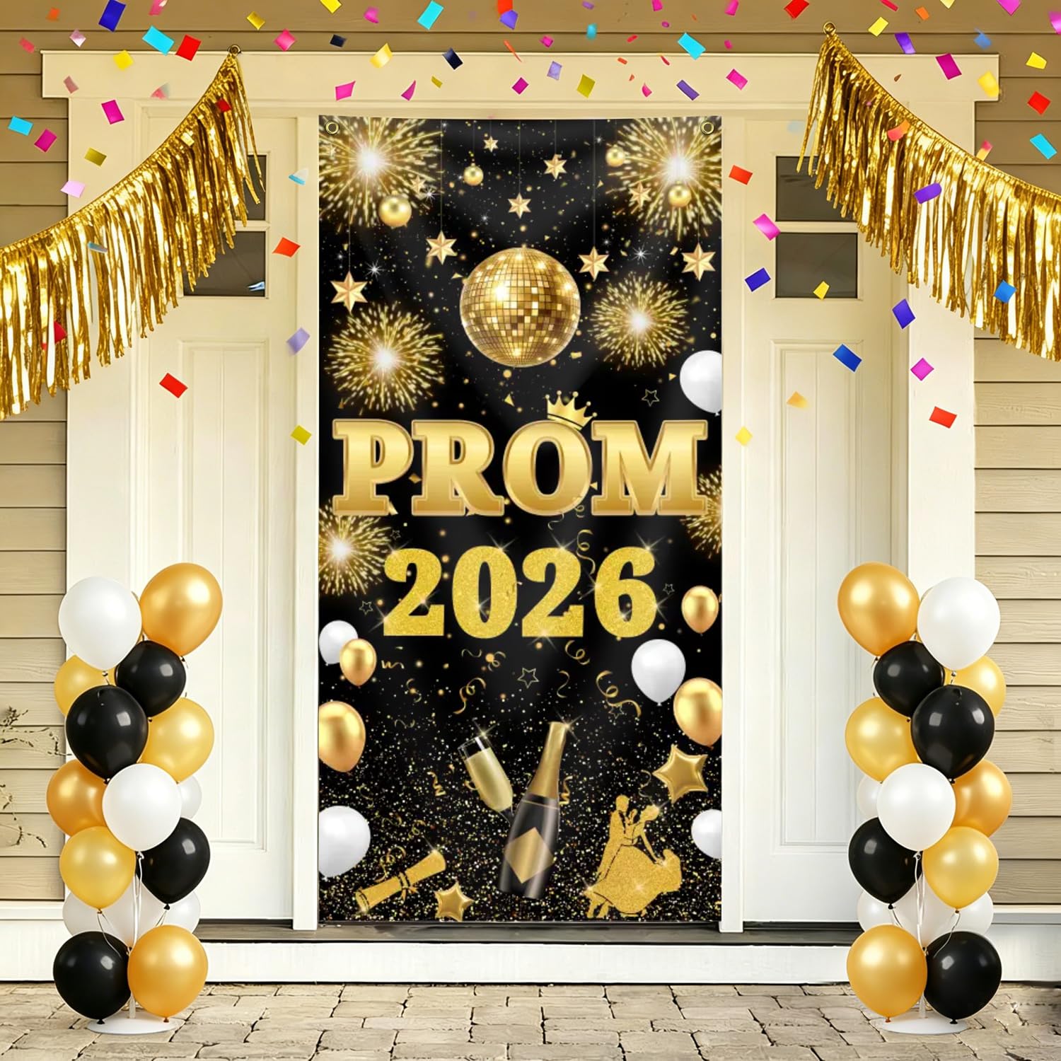 Prom 2026 Door Banner Decorations, Extra Large Graduation Backdrop for School Leavers, Prom Night Door Cover Photo Booth Props (Black Gold)