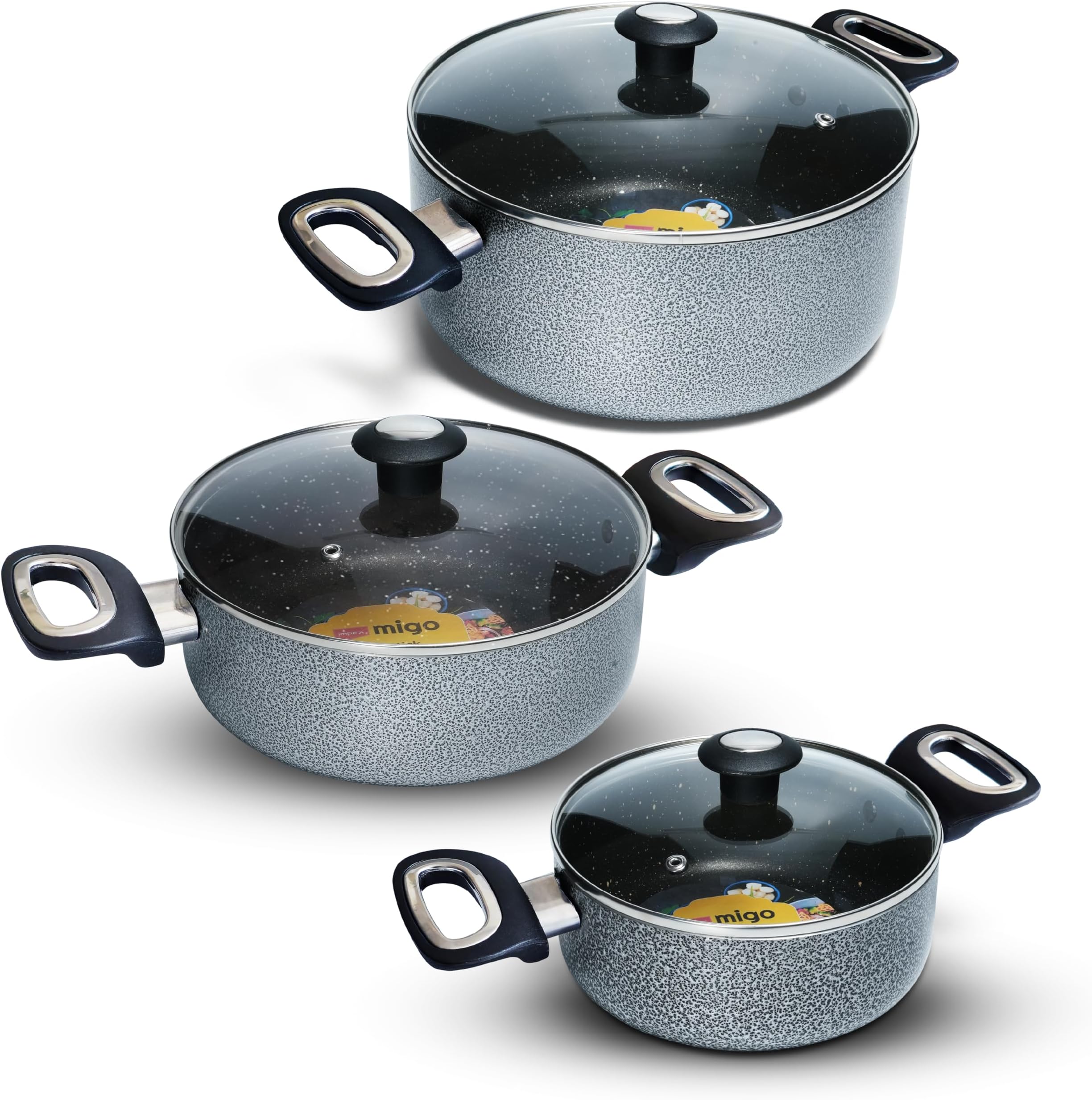 Cook and Serve Casserole Set 6 Pcs Nonstick Granite Cookware Set with Glass Lid | Sauce Pans Combo with Induction Bottom | Non-Stick Cookware Set | Aluminium Casserole Set 4.6L, 2.7L and 1.9L