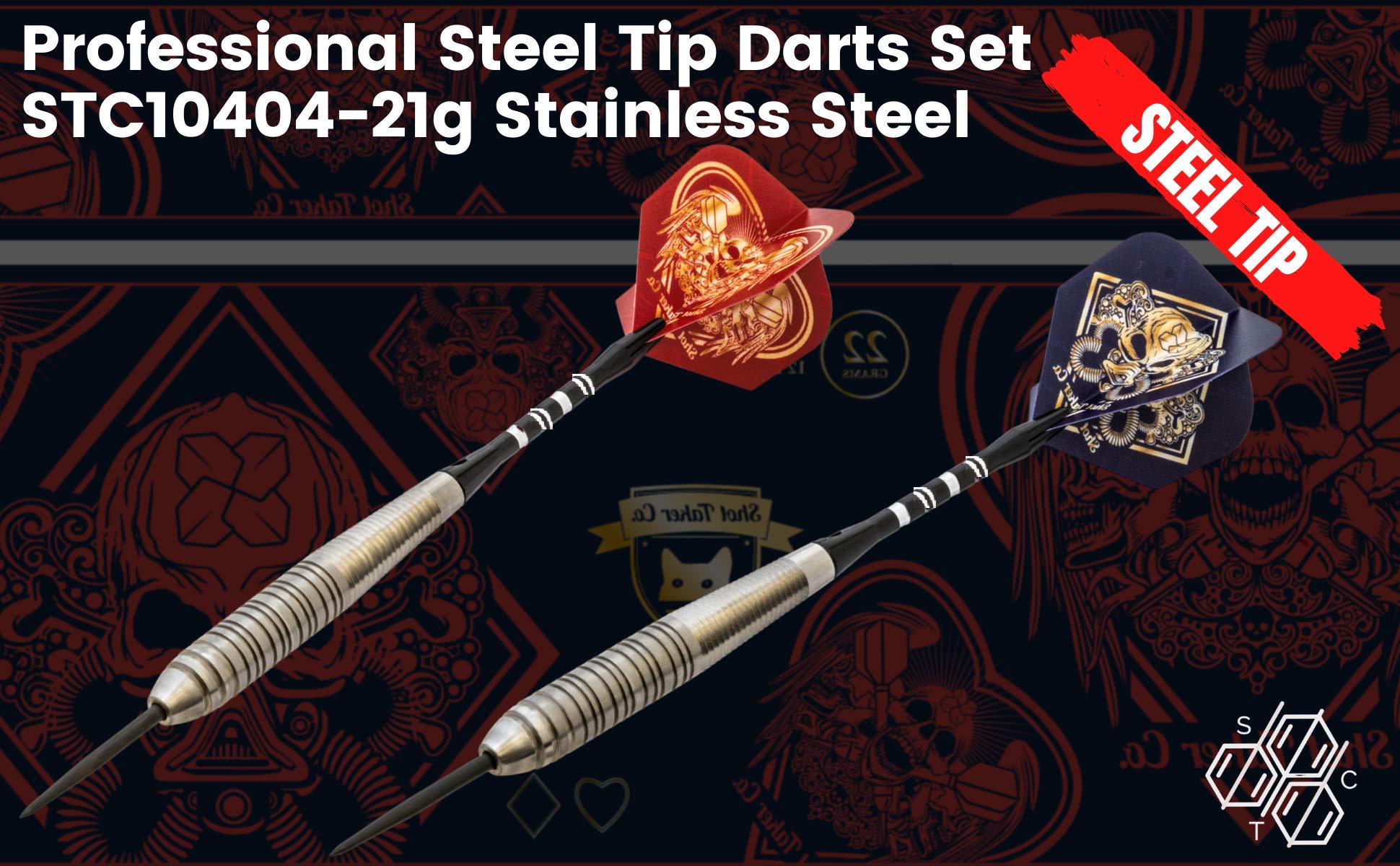 SHOT TAKER CO. EST. 2017 6pc Steel Tip Darts Set - Professional Darts for Dartboard - Includes Barrels + Plastic/Aluminum Shafts + O'Rings + Flights + Sharpener + Wrench (21g-Red Skull-10404)