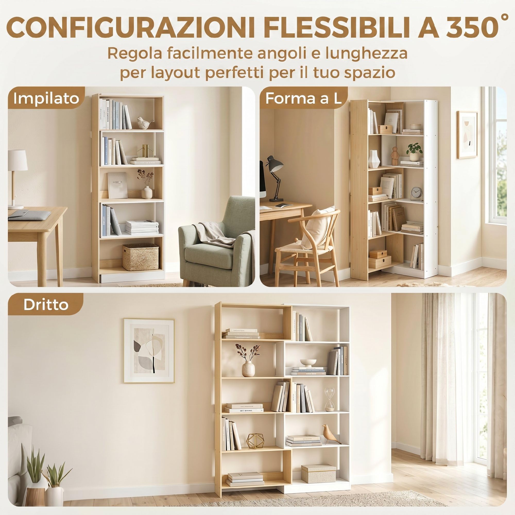 HOMCOM Libreria Scaffale a 5 Ripiani, Design Rotante a 350°, 3 Modi di Disporre, Libreria Angolare ad L Salvaspazio, Scaffale Portaoggetti per Soggiorno Ufficio, 111.5x23.8x163.7 cm Color Legno/Bianco