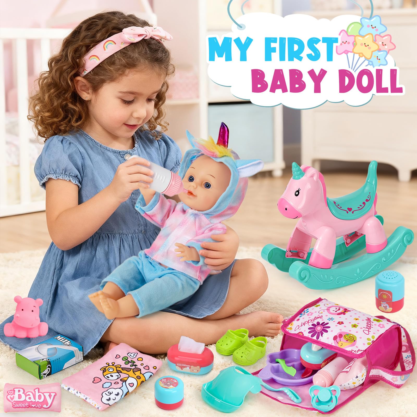 vamei Kit Accessoire Bebe pour Poupon, Accessoires Poupon avec Poupee & Poussette de Poupee & Cheval à Bascule & Sac & Vêtements, Jouet Jeu de Rôle Anniversaire Cadeau Fille Enfant 2 3 4 5 6 Ans