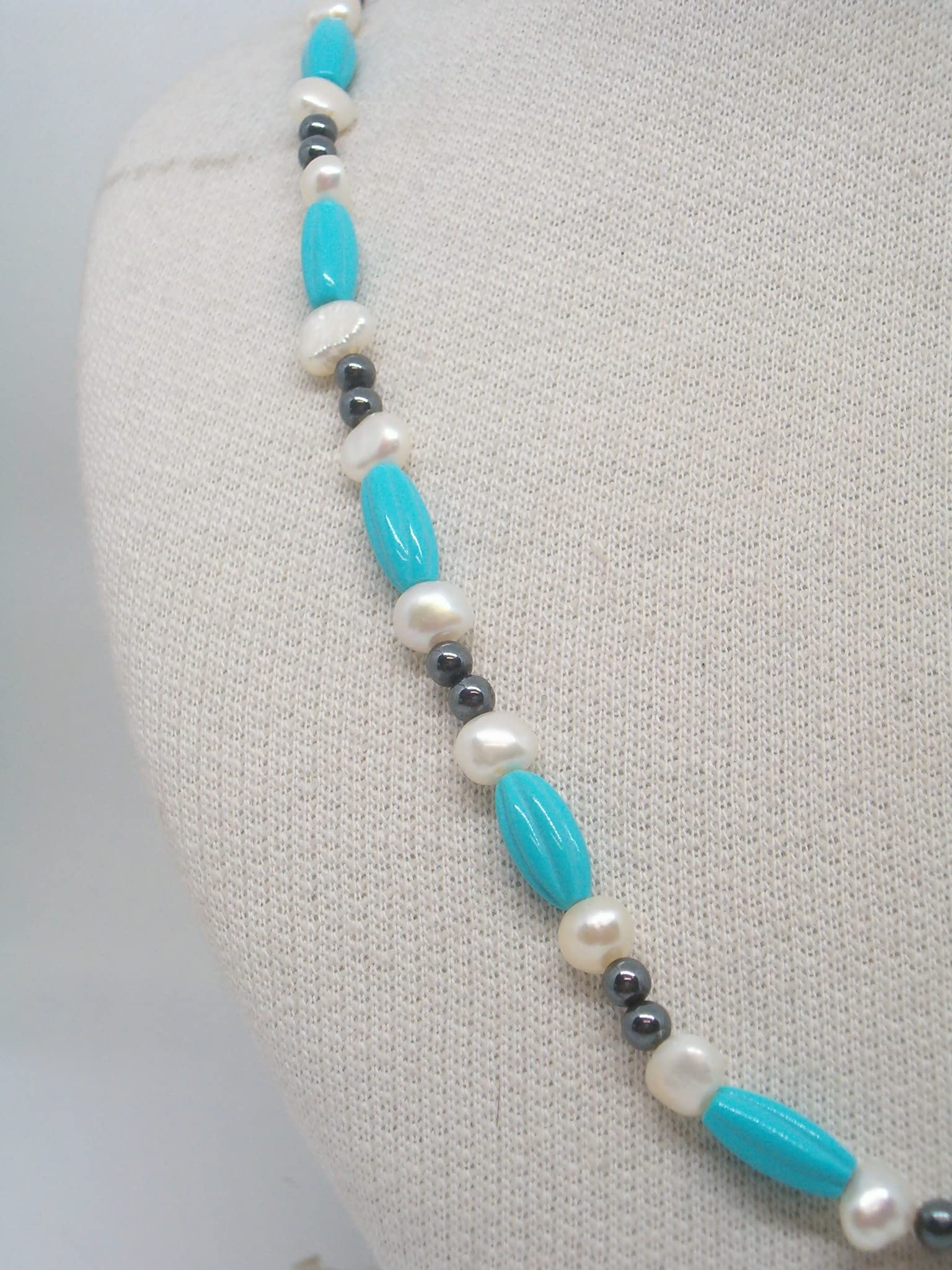 Collana in Neolite (Pasta di Turchese ricomposto), Perle e Pirite Naturali - Chiusura con Moschettone in Argento 925 - Girocollo con Pietre Dure