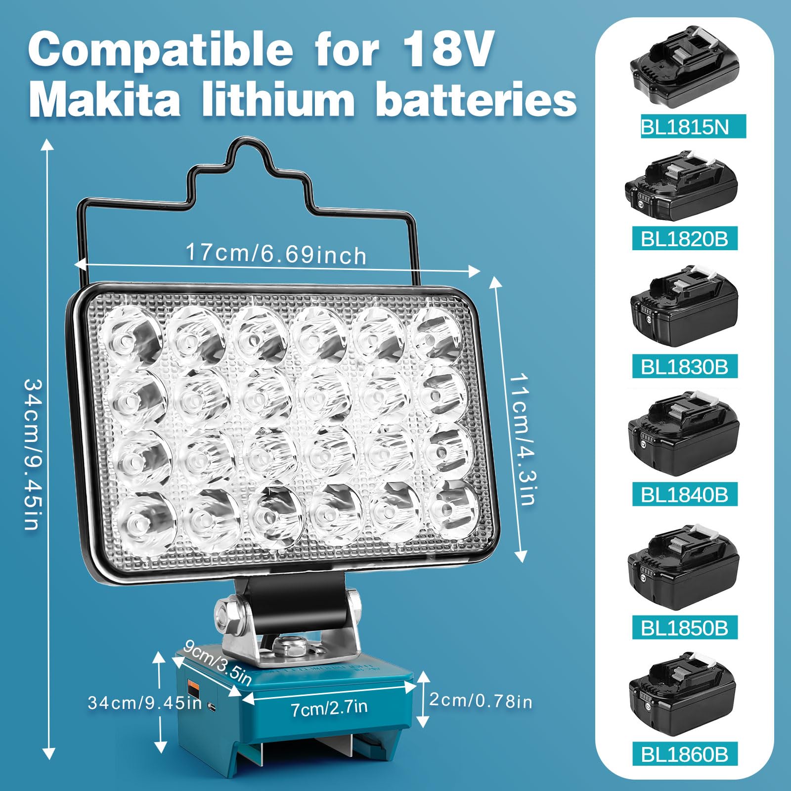 Lampada LED Ricaricabile Per Batterie Makita 21V - 80W, 6000 Lumen, 2 Modalità Luce, 2 Porte USB, Per Lavoro E Outdoor