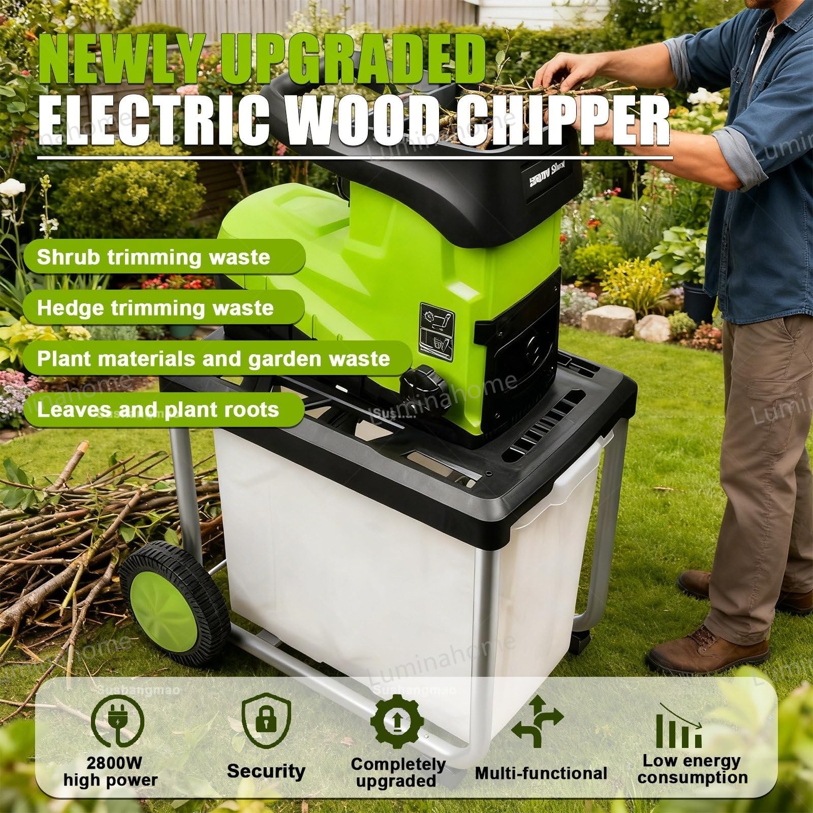 Trituradora eléctrica de jardín con caja de recolección de 60 litros y protección contra sobrecarga, capacidad de rama de 45 mm, ideal para triturar desechos de jardín y ramas, cabezal de corte de