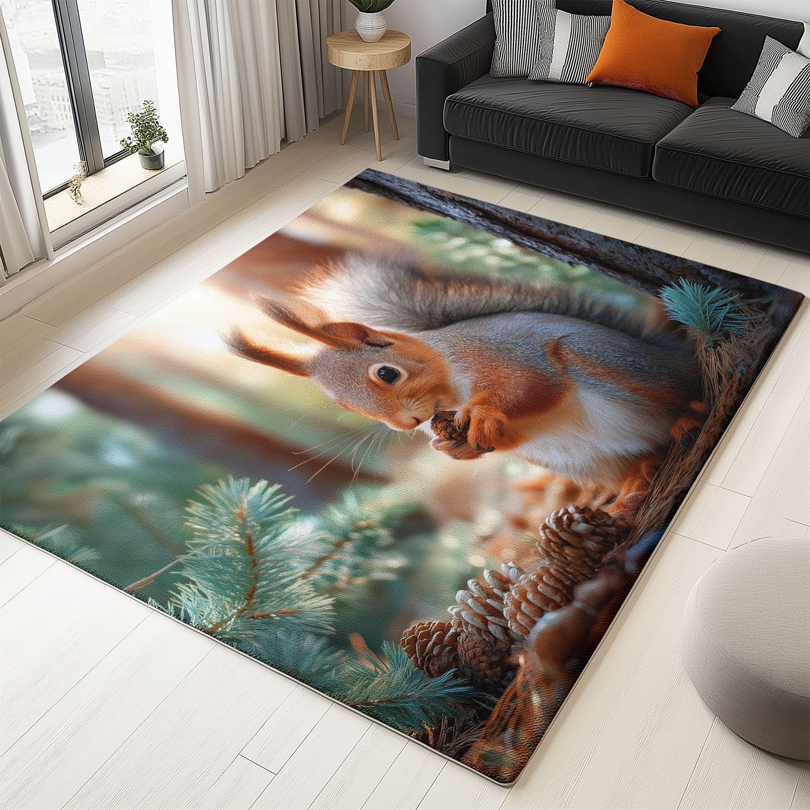 Teppich Wohnzimmer 120 x 180 cm Eichhörnchen Wald Tier Niedlich Tannenzapfen, Kurzflor Teppich mit Rutschfester Rückseite - Waschbar & Pflegeleicht, Läufer für Schlafzimmer Esszimmer und Küche, Grün