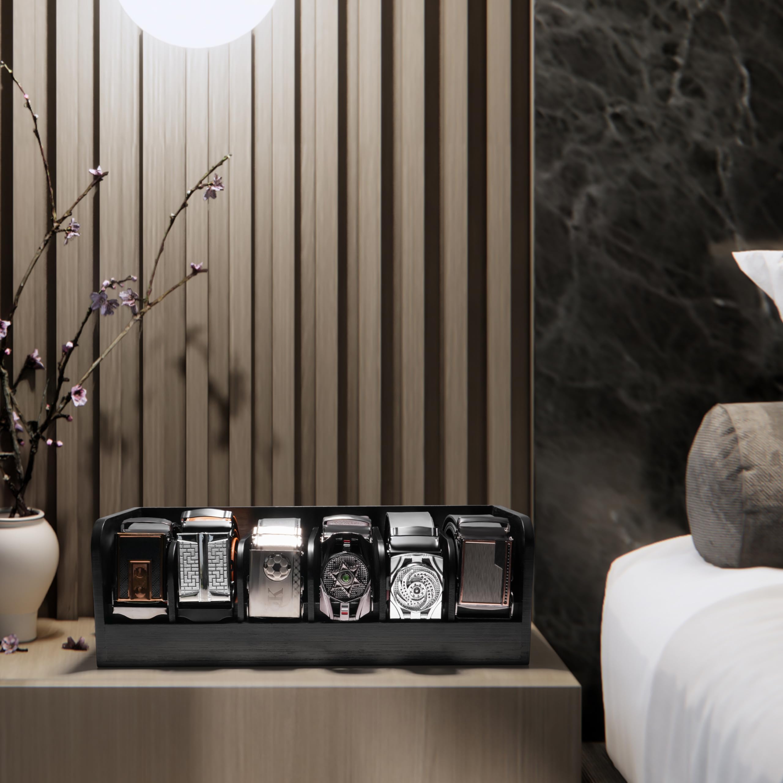 Winter Shore Caja Organizadora para Cinturones Negra - Organizador Cinturones de Madera de Bambú Oscuro de 6 Rejillas - Organizador de Armario Estuche Contenedor Natural Relojes Hombres y Mujeres