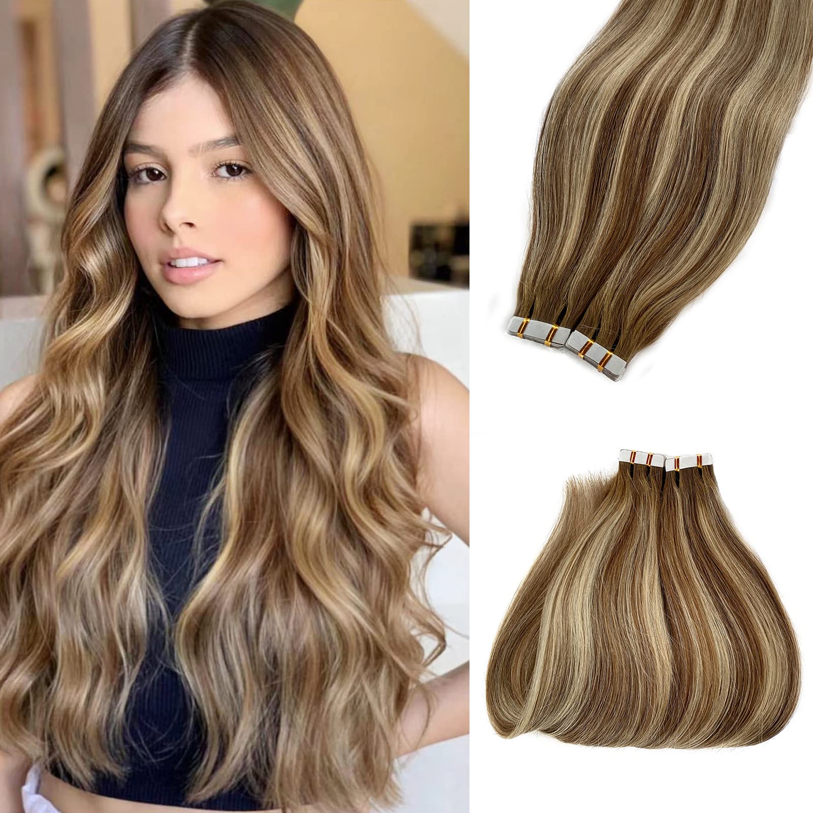 Brown Remy Hair Extensions Silky Straight Tape in 20 Inch Balayage Human Hair R#8/24 Ash Brown Mix Honey Blonde Highlights with Brown Roots Human Hair Tape in 9A Brazilian Remy Natural Hair Extensions