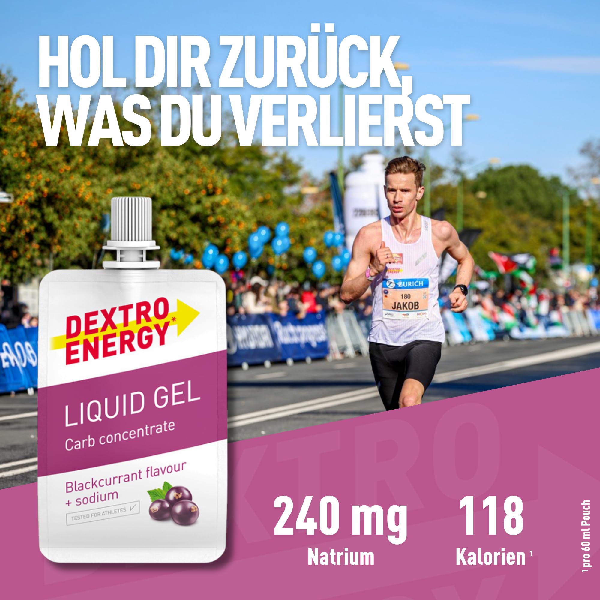 Dextro Energy Liquid Gel Blackcurrant + Natrium - 18x60 ml (18er Pack) | High Carb Energy Gel zur schnellen Kohlenhydrate Versorgung + 240 mg Natrium