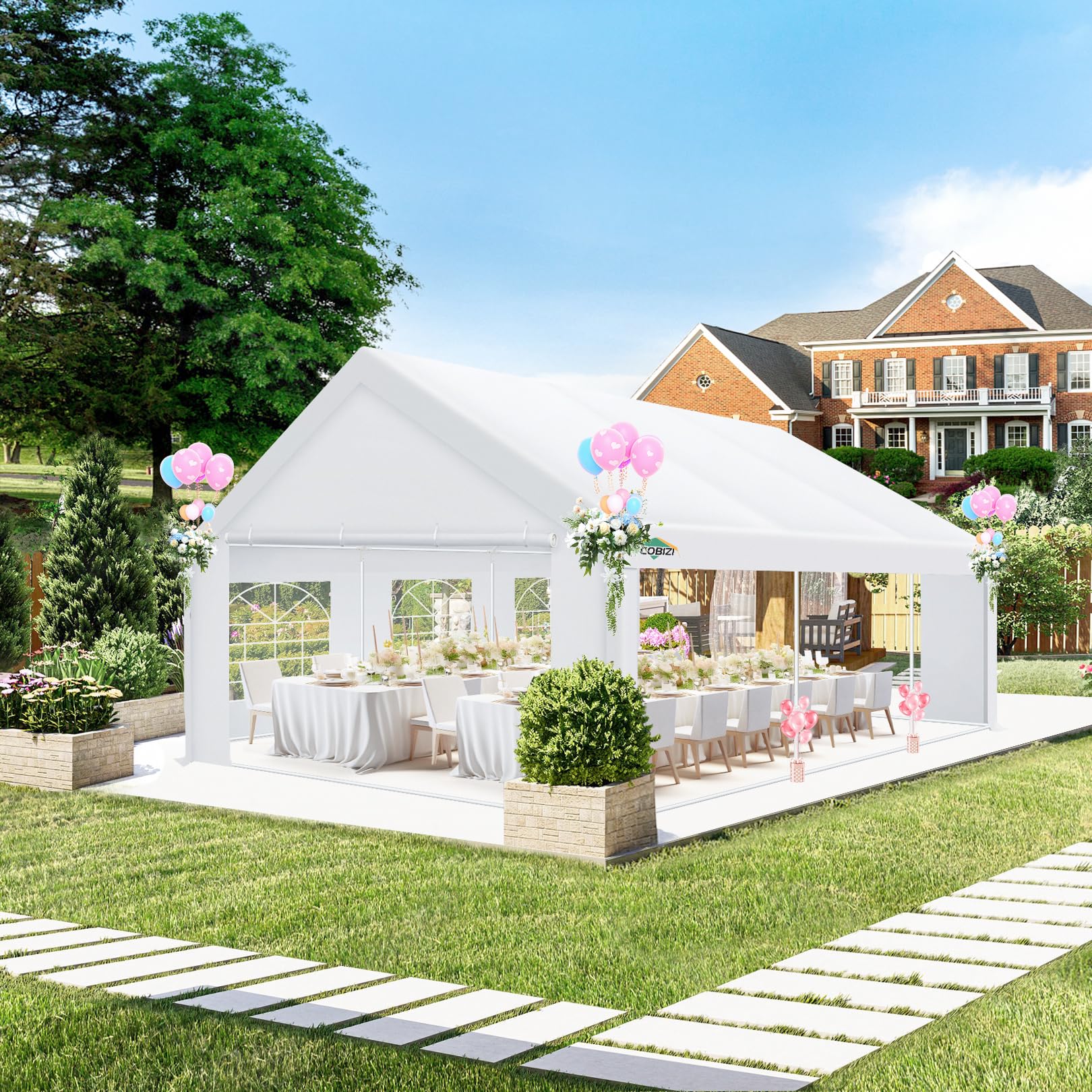 Photo 1 of COBIZI 20x20 FT Party Tent Heavy Duty, Large Outdoor Event Tents for Parties with 6 Sidewalls & Built-in Sandbags,Waterproof Wedding Canopy Gazebo Temporary Shelter,Carport,Camping,Patio,Windproof