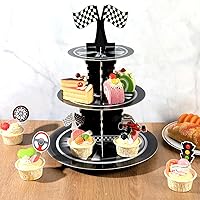 Vista 4 de Soporte para cupcakes de auto de carreras de 3 niveles con 24 adornos para tartas, decoraciones de fiesta de cumpleaños, temática de autos