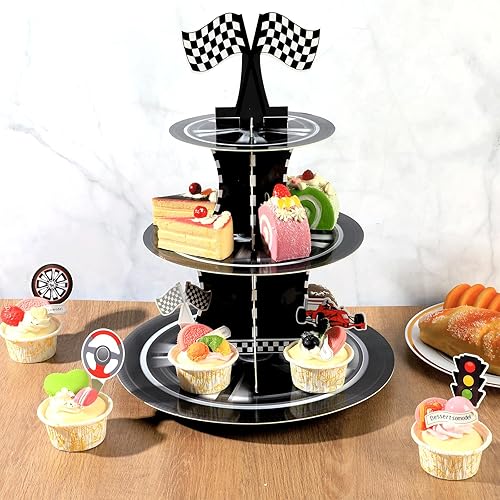 Miniatura 4 de Soporte para cupcakes de auto de carreras de 3 niveles con 24 adornos para tartas, decoraciones de fiesta de cumpleaños, temática de autos