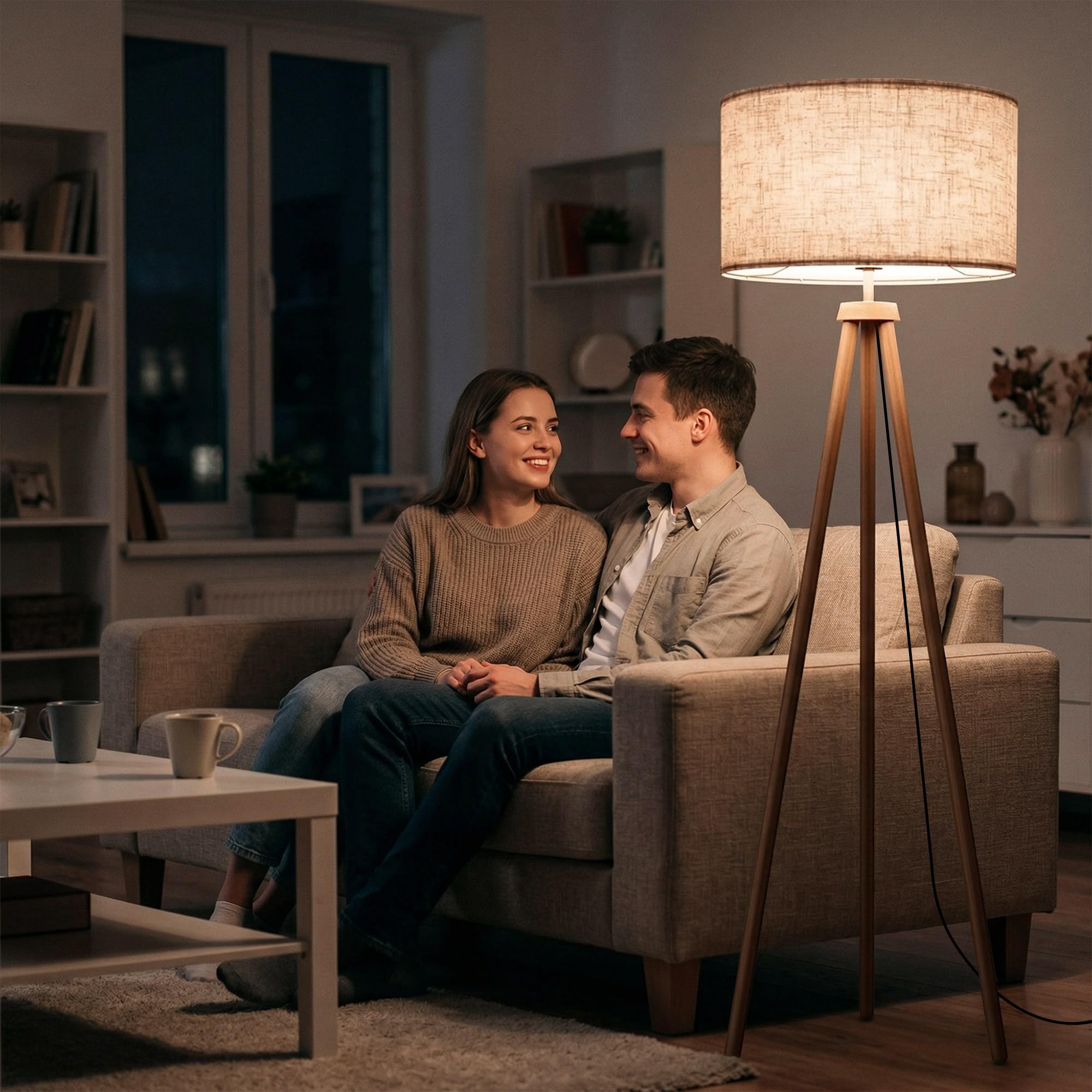 Stehlampe Wohnzimmer Dimmbar Dreibein Holzoptik-Metall, Inkl. 12W LED Moderne Stativ Stehleuchte 3 Farbtemperatur Fußschalter Retro Leselampe mit Stoffschirm für Schlafzimmer & Büro