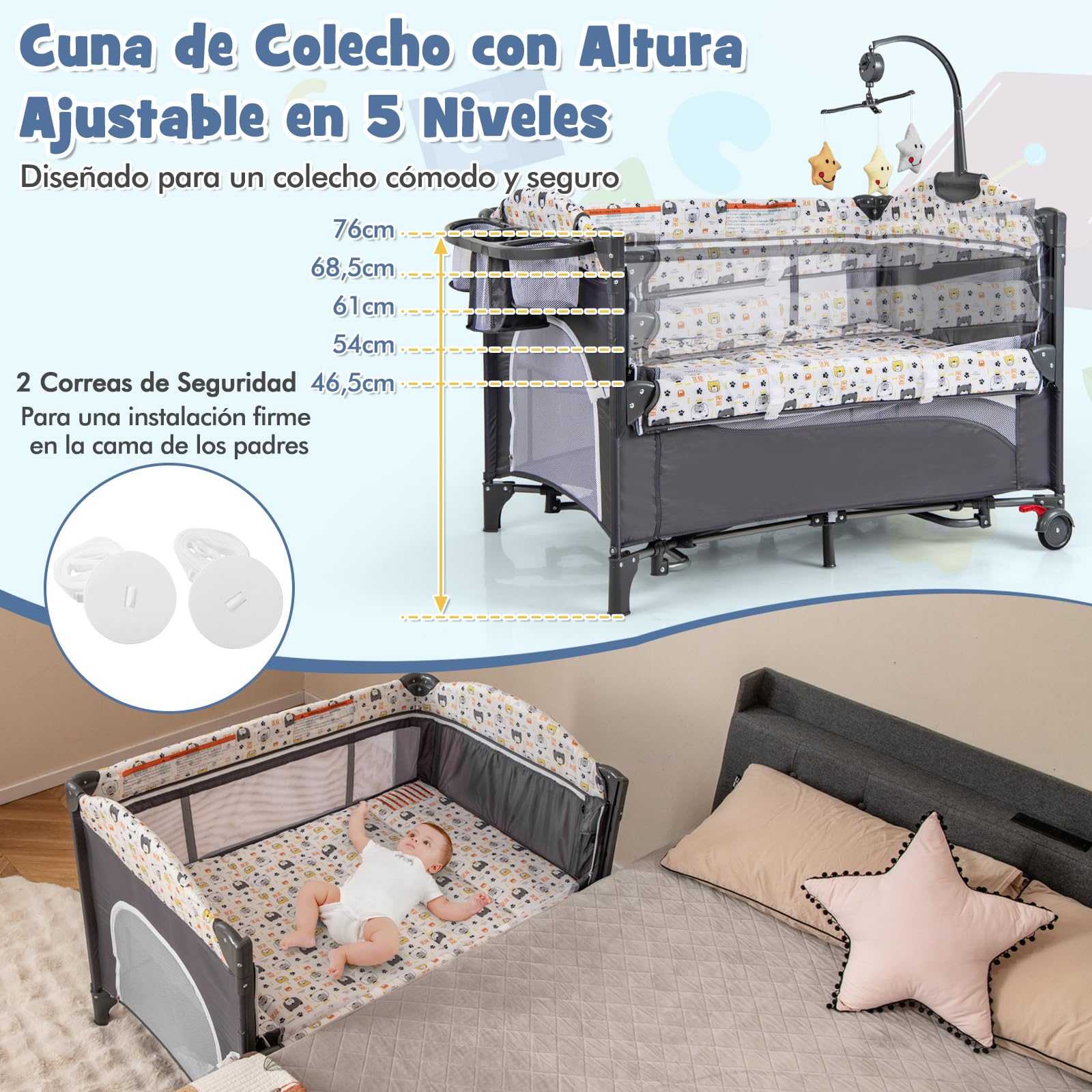 COSTWAY 5 en 1 Cuna de Viaje para Bebé con Colchón, Parque Infantil para Bebés con Cambiador de Pañales, Caja de Música y Juguetes Colgantes, Cuna Bebe con Bolsa de Almacenamiento (Gris)