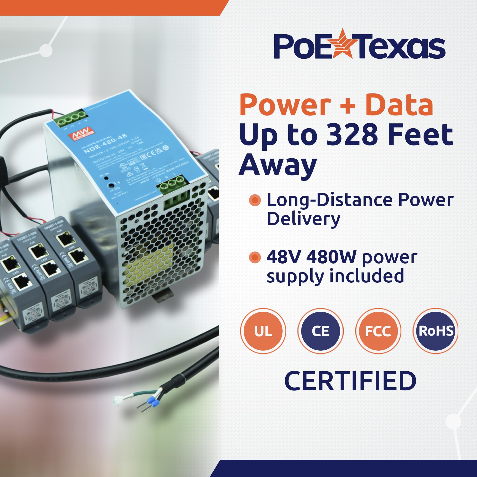 PoE Texas Injecteur Midspan PoE++ 6 ports 10 Gigabit avec alimentation 48 V 480 W – Convertit les ports non PoE en PoE++ – Fournit des appareils de 90 W à 802,3 bt jusqu'à 100 m – Montage mural ou