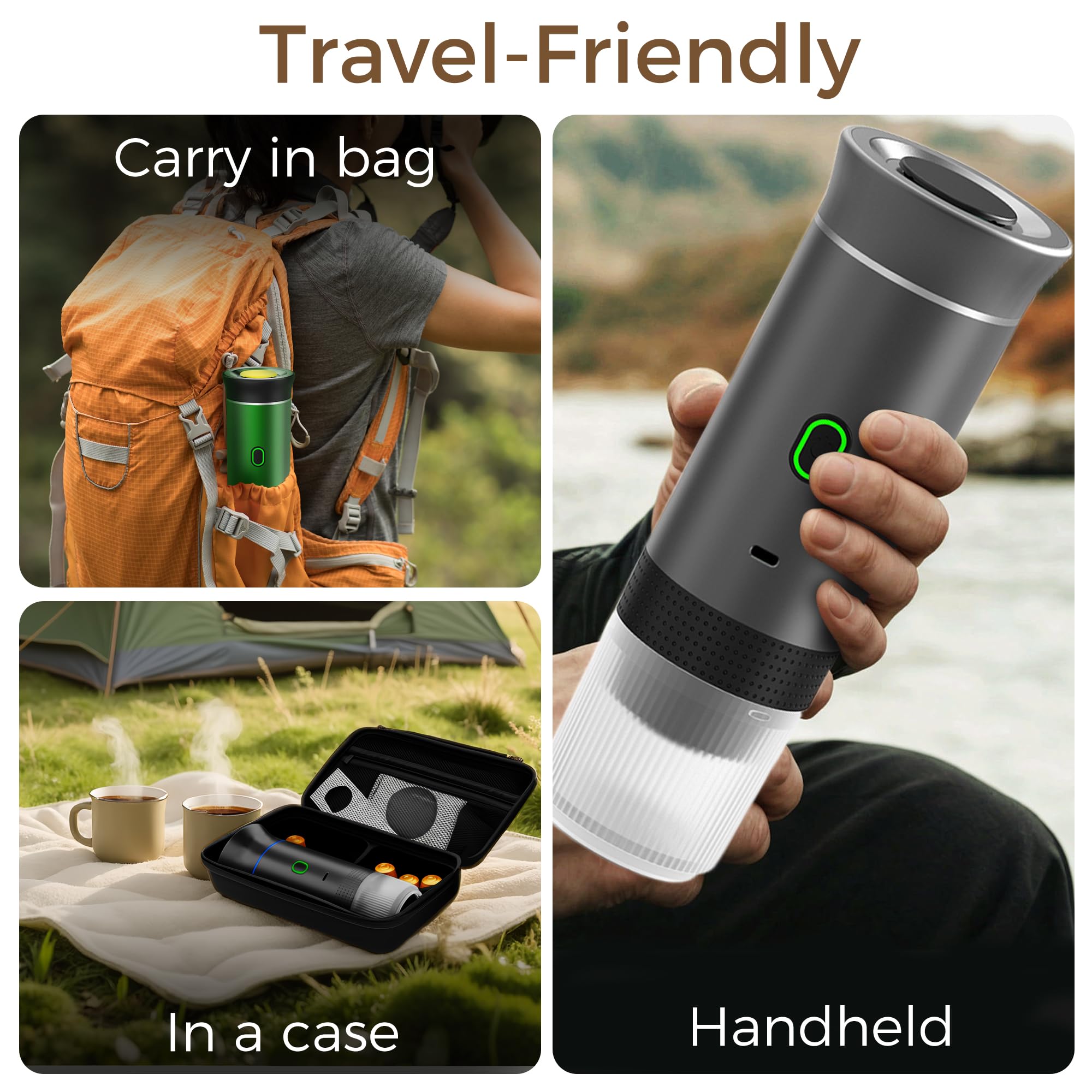 Machine à Café Portable, 3 en 1 Cafetière Expresso avec Support et Sac, Batterie Rechargeable 7500mAh, Compatible Capsules et Café Moulu, Pour Voyage, Camping, Voiture, Bureau (Vert)
