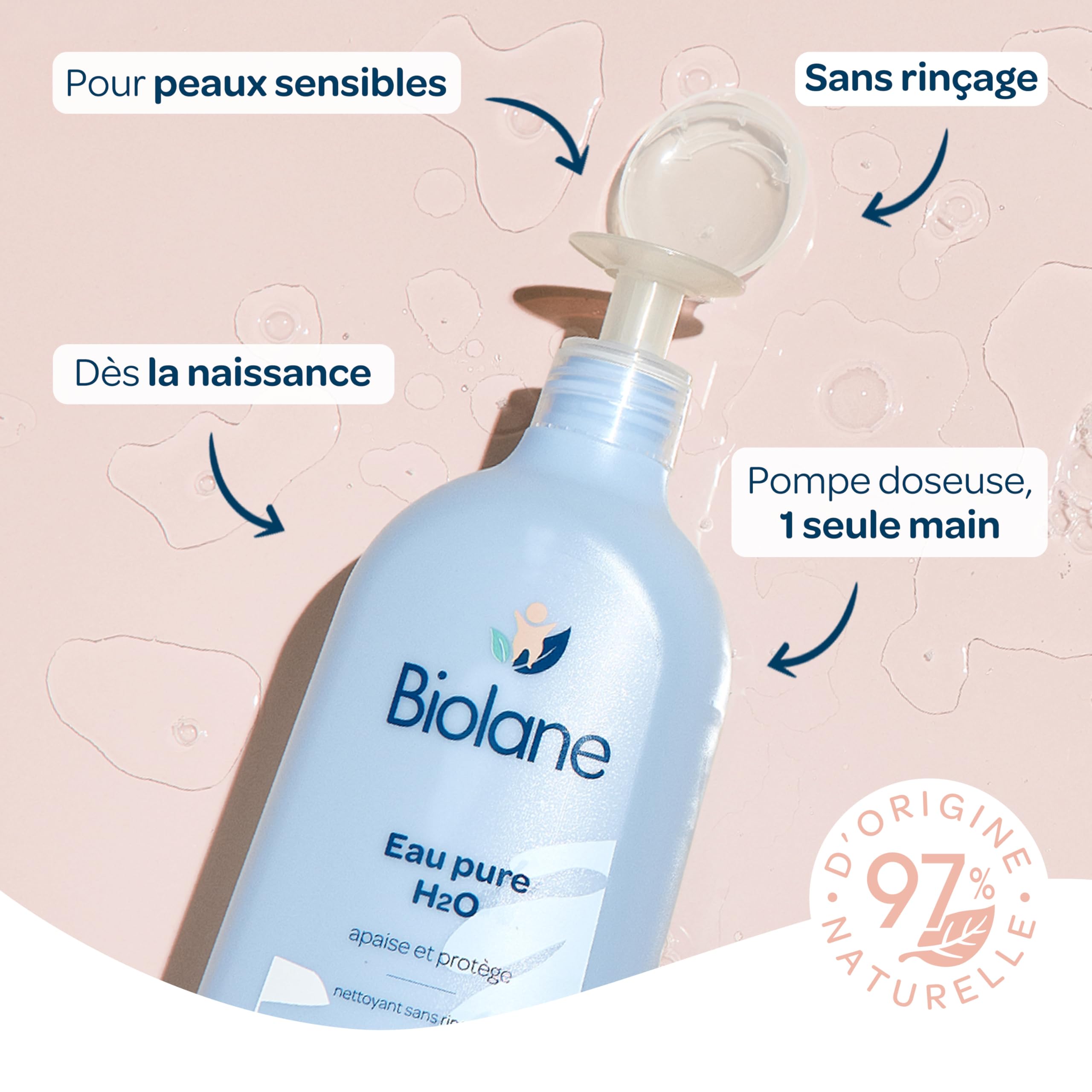 BIOLANE - Lot de 4 Flacons Eau Pure H2O - Nettoyant pour le visage, corps et siège du bébé - Sans rinçage - 4 flacons-pompe de 750ml - Fabriqué en France