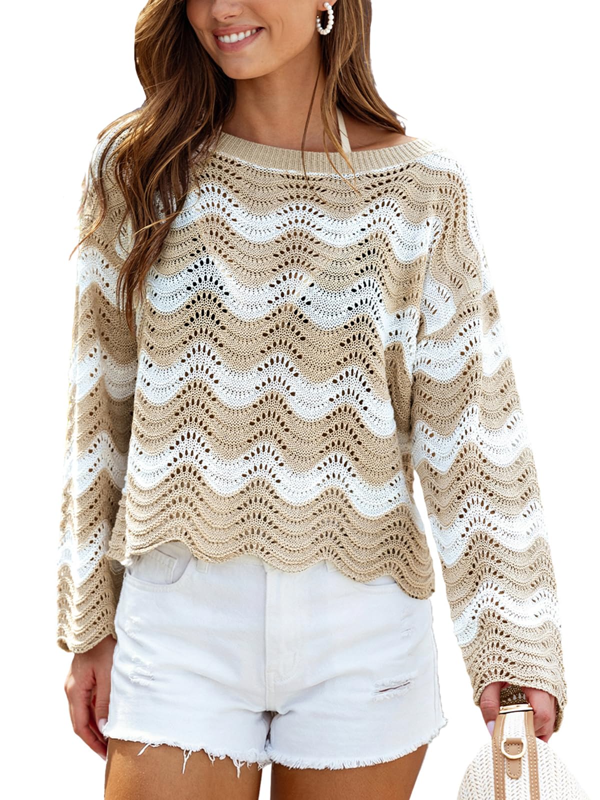 CUPSHE Womens Crochet Cover Up Long Sleeve Striped Beach Cover Up Top Summer Casual Knit Tops for Swimwear