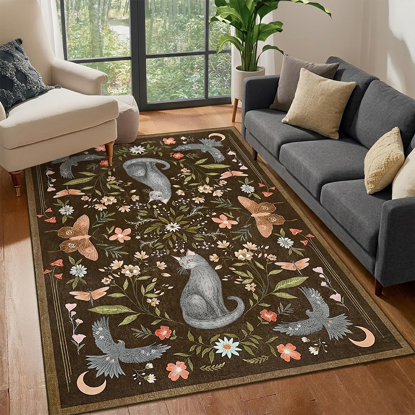 FairyStyle Waschbarer Katzenteppich 120x170cm, Braun Flor Tierteppich | Kurzer, rutschfest Innenraumteppich, Faltbare, Fleckenabweisende, fürWohnzimmer Kinderzimmer Schlafzimmer