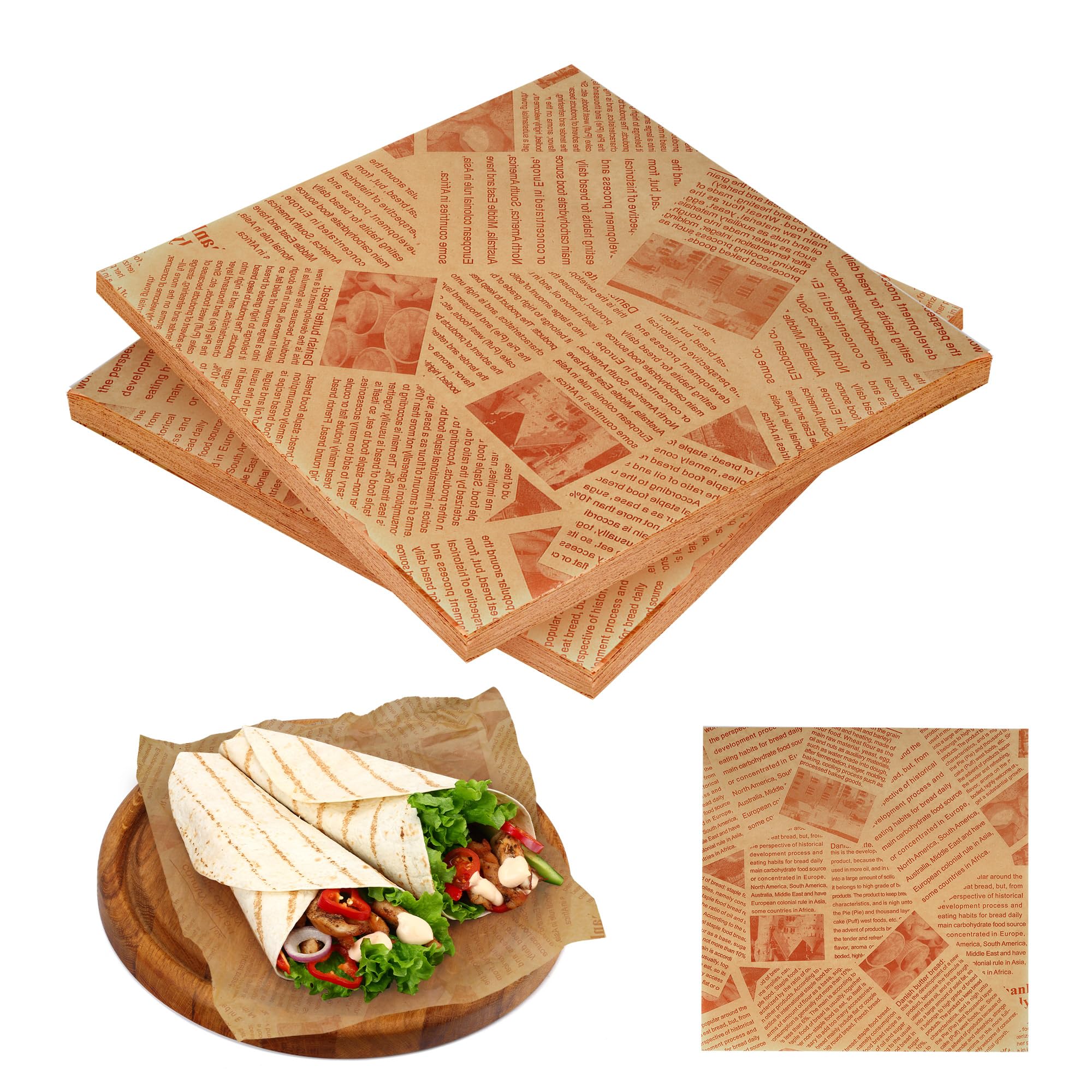 500 Pcs Greaseproof Paper Sheets Old Newspaper Style Oil Proof Papers, Food Wrapping Paper for Burger Bread Sandwich Chips, 22 x 22cm