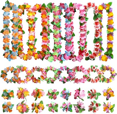 Aviski 32pcs Hawaiian Leis Party Decorations, Necklace Flowers Bracelets Headband, Tropical Hawaiian Party Night Bar Vacation