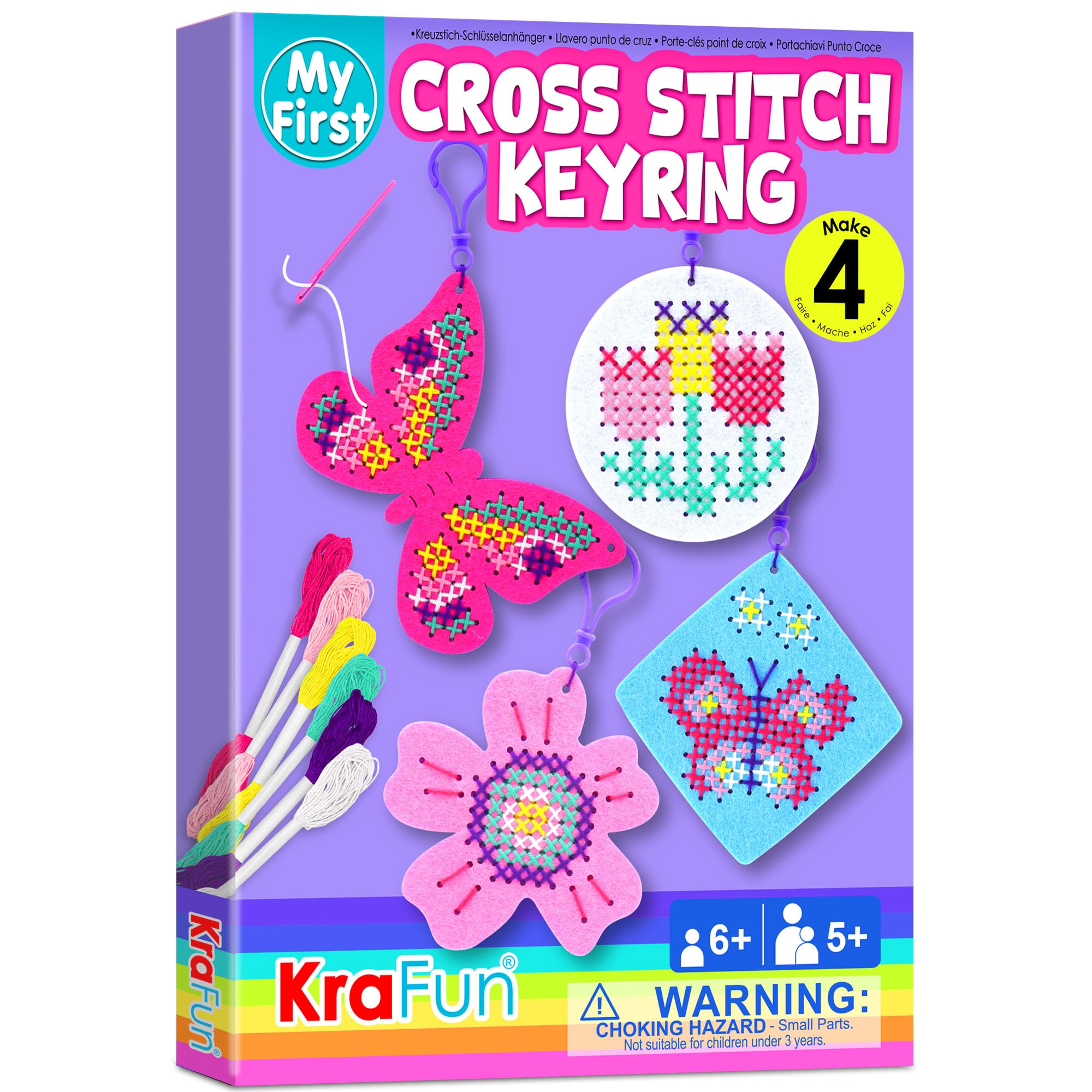 KRAFUN Cross Stitch Kits for Kids Beginners, 4 Cross Stitching Keyrings Arts & Crafts with Butterfly and Flower, Needlepoint Embroidery Kit for Girls 5-13 Craft Kit Backpack Charms, Ornaments