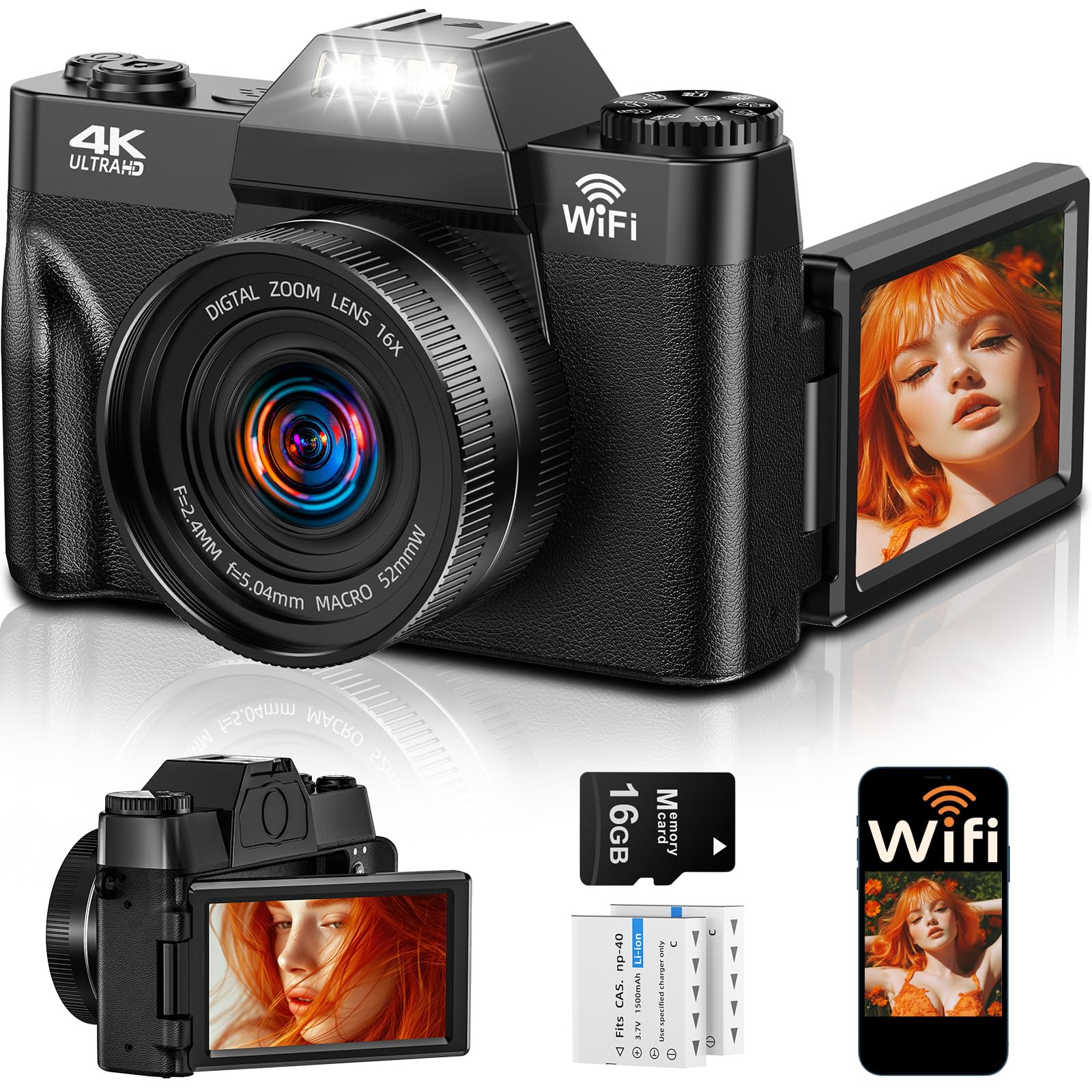 4K 75MP Digitalkamera mit WLAN & 180° Flip 3.0" Bildschirm, Autofokus Vlogging Fotoapparat mit 2X 1500mAh Batterien, Mikro-SD-Karte, Kompaktkamera für Erwachsene, Senioren & Anfänger