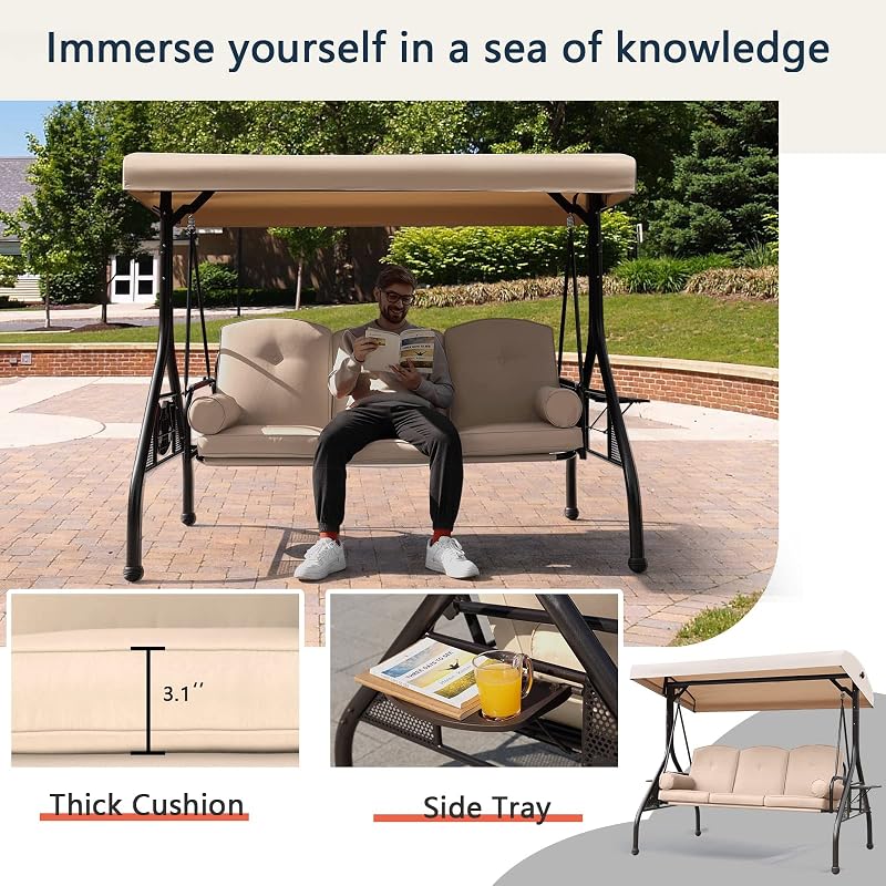 NOBLEMOOD Patio Porch Swing, 3-Seat Outdoor Swing with Adjustable Canopy image 4