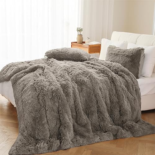 Miniatura 4 de Juego de funda de edredón mullida y esponjosa de 2 piezas, tamaño individual, funda de edredón de piel sintética con cierre de cremallera y lazos en