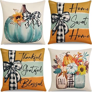 Hongsome Fall Decorations for Home-Throw Pillow Covers 18x18 in Set of 4,Pumpkin Linen Pillow Case for Thanksgiving Couch Autumn Holiday Outdoor Burnt Orange Blue White Decor