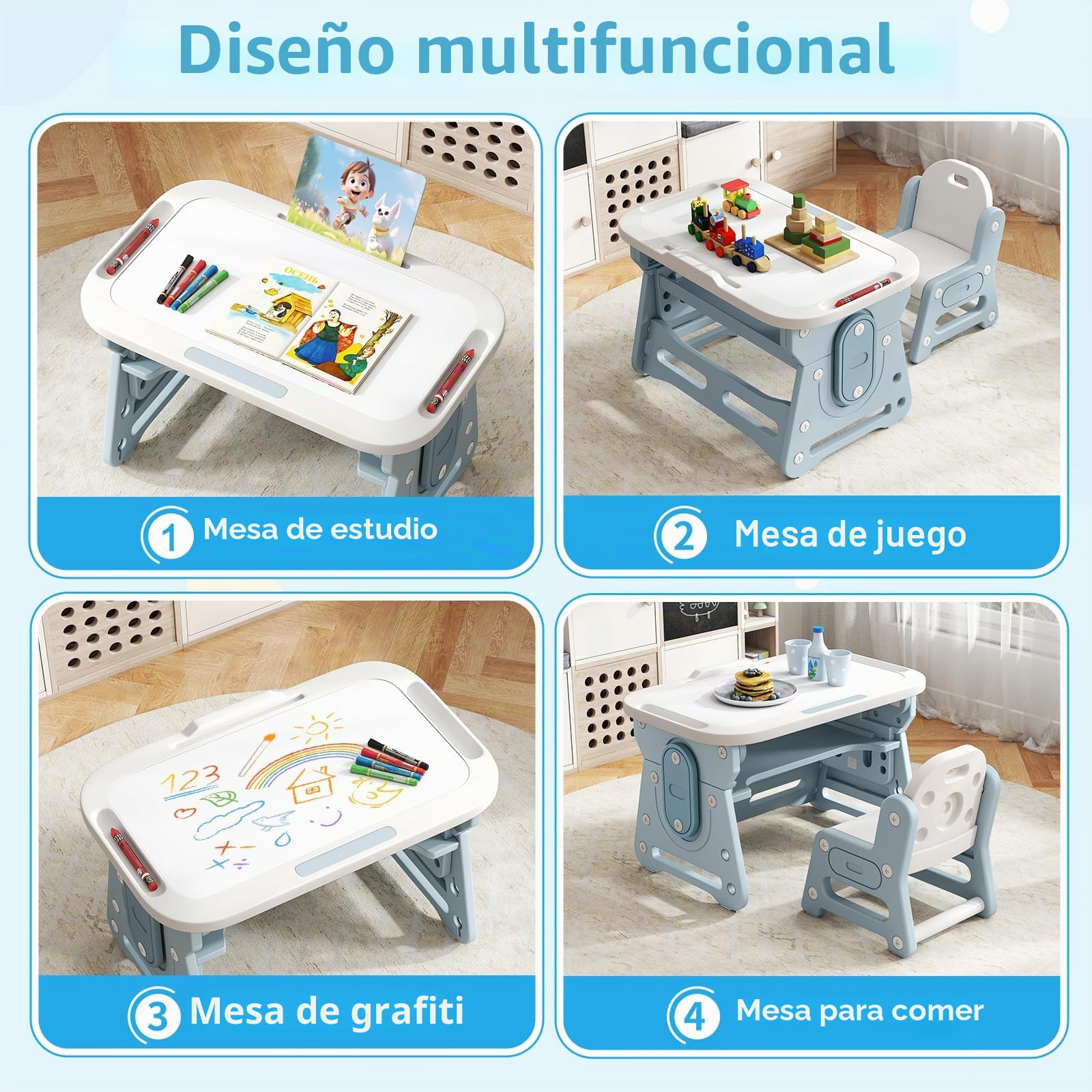 LIFEZEAL 4 en 1 Conjunto de Mesa y Silla Infantil, Mesa de Dibujo con Pizarra Blanca Magnética y Silla Ergonómica, Escritorio Infantil Ajustable e Inclinable con Patas Antideslizantes (Azul)
