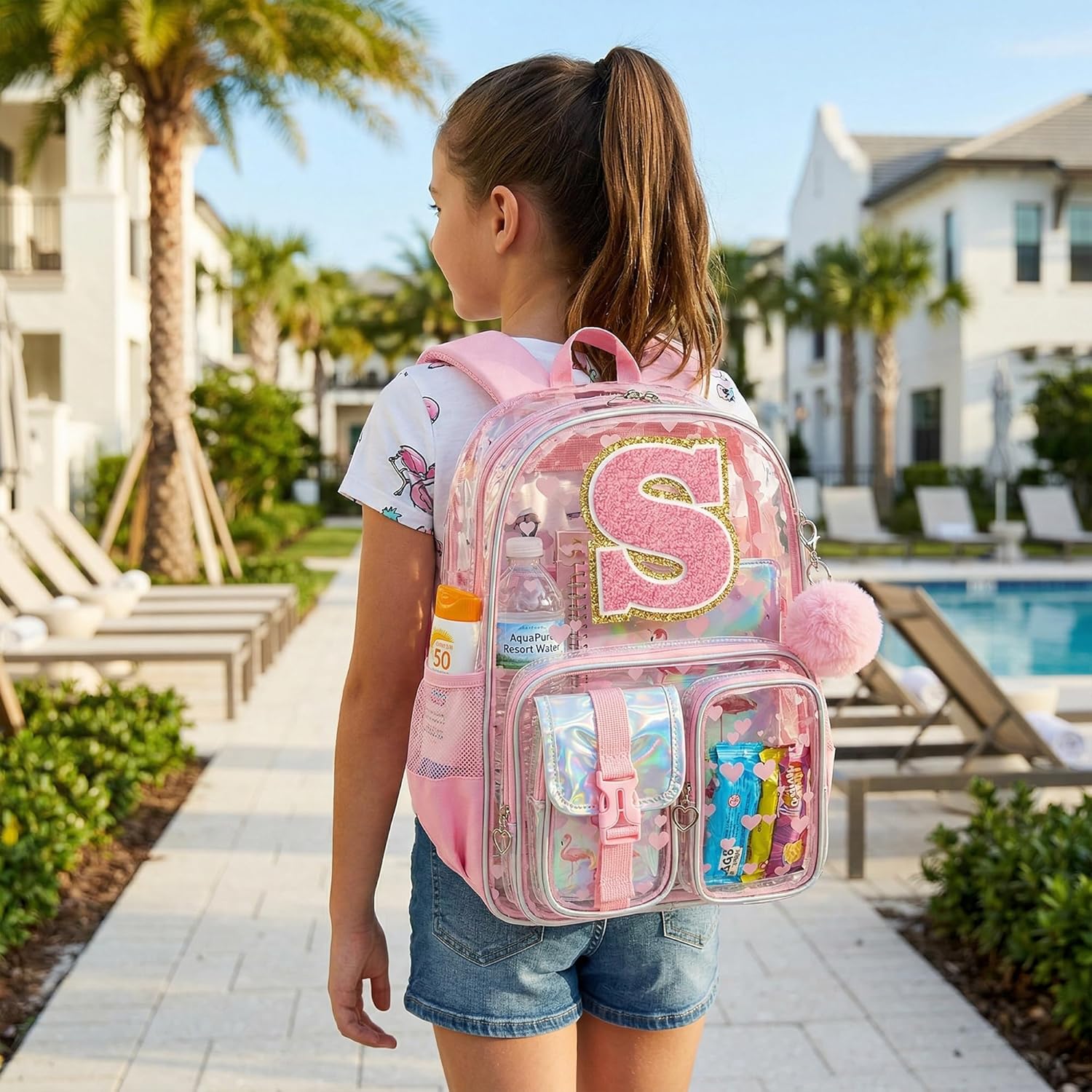 HTgroce Pink S Heavy Duty Transparent Girls Backpack with Lunch Box 3Pcs Clear School Bags for Girls Elementary school Bookbag Stadium Concert Approved