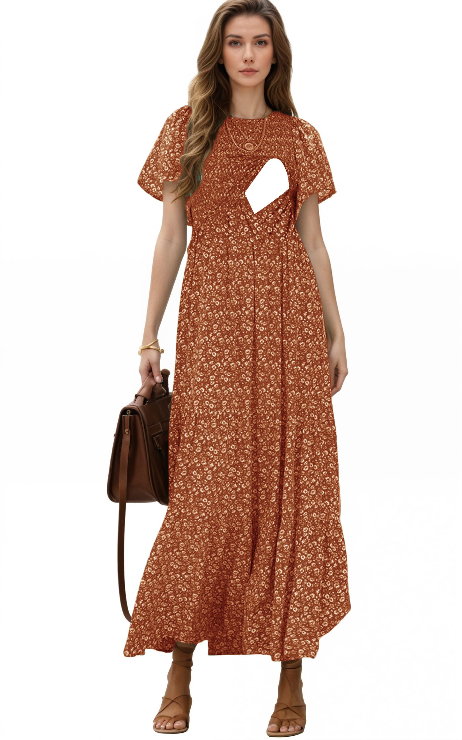 czzzyl Womens Nursing Dress Summer Floral Print Short Flutter Sleeve Crew Neck Smocked High Waist Flowy Maxi with Pockets-picture-33