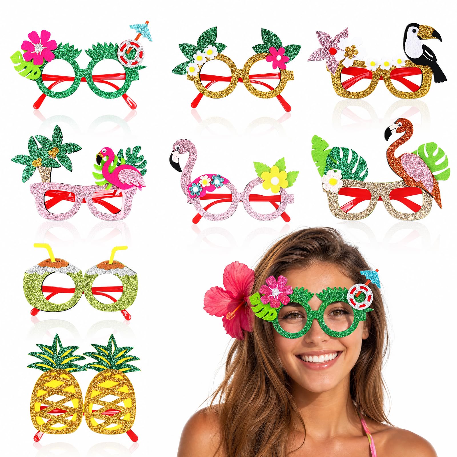 Hawaiian Party Glasses, 8 Pairs Funny Luau Sunglasses, Novelty Summer Party Sunglasses Accessories for Hawaiian Beach Party Decorations Photobooth Props Holiday Glasses Tropical Favors for Adults