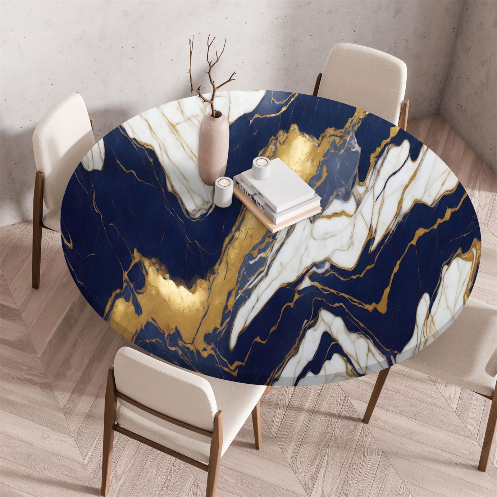 Muiuou Waterproof Elastic Fitted Round Tablecloth, Marble Printing Reusable Waterproof Oil-Proof Round Table Cover Cloth, Fitted Home Decoration Restaurant Picnic (Diameter 100cm,Marble 21)