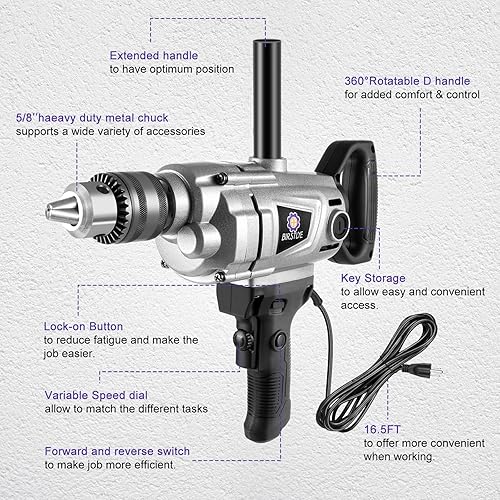Miniatura 3 de Juego de mezcladores de taladro de alta resistencia de 1100 W 10 A, máquina de taladro mezclador con mango de pala, taladros eléctricos de 12