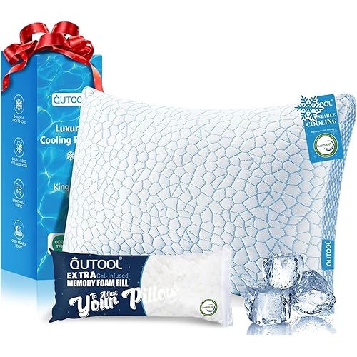 QUTOOL Enhanced Cooling Gel Pillow King Size 1 Pack, CertiPUR-US Shredded Memory Foam Pillows for Hot Sleepers, Support Yet Soft Adjustable Bed Pillow for Side, Back, Stomach Sleepers, Home Gifts