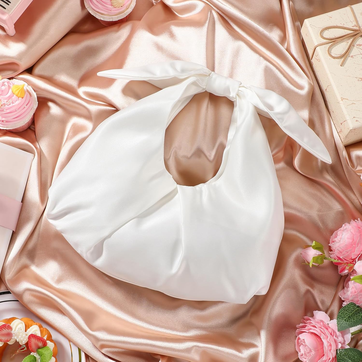 Clutch Purse for Women Bow Evening Bag Ruched Satin Handbag Top Handle Purse for Wedding Bachelor Bridesmaid Valentines Gifts